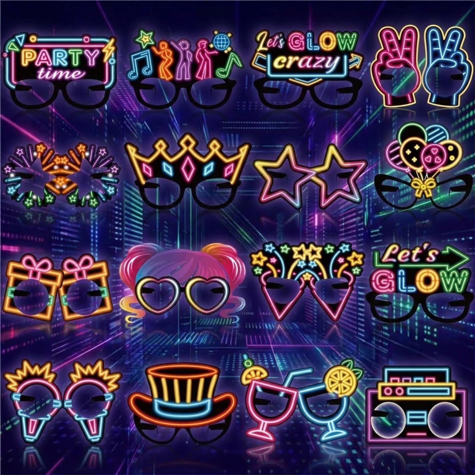 32 Pcs Neon Themed Party Decorations Eyeglasses Glow Neon Themed Paper Glasses Glow Theme Birthday Decor Photo Booth Props Frame for Disco 80s 90s Themd Birthday Party Decor Supplies Gift