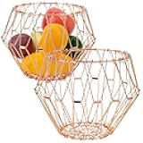 SHIDOW Stainless Steel Multipurpose Folding Fruit Bowl, 2 Pack Interchangeable Rack Mesh Apples Basket for Displaying Fruit, Bread & Decorative Items (Large + Medium, Rose Gold)