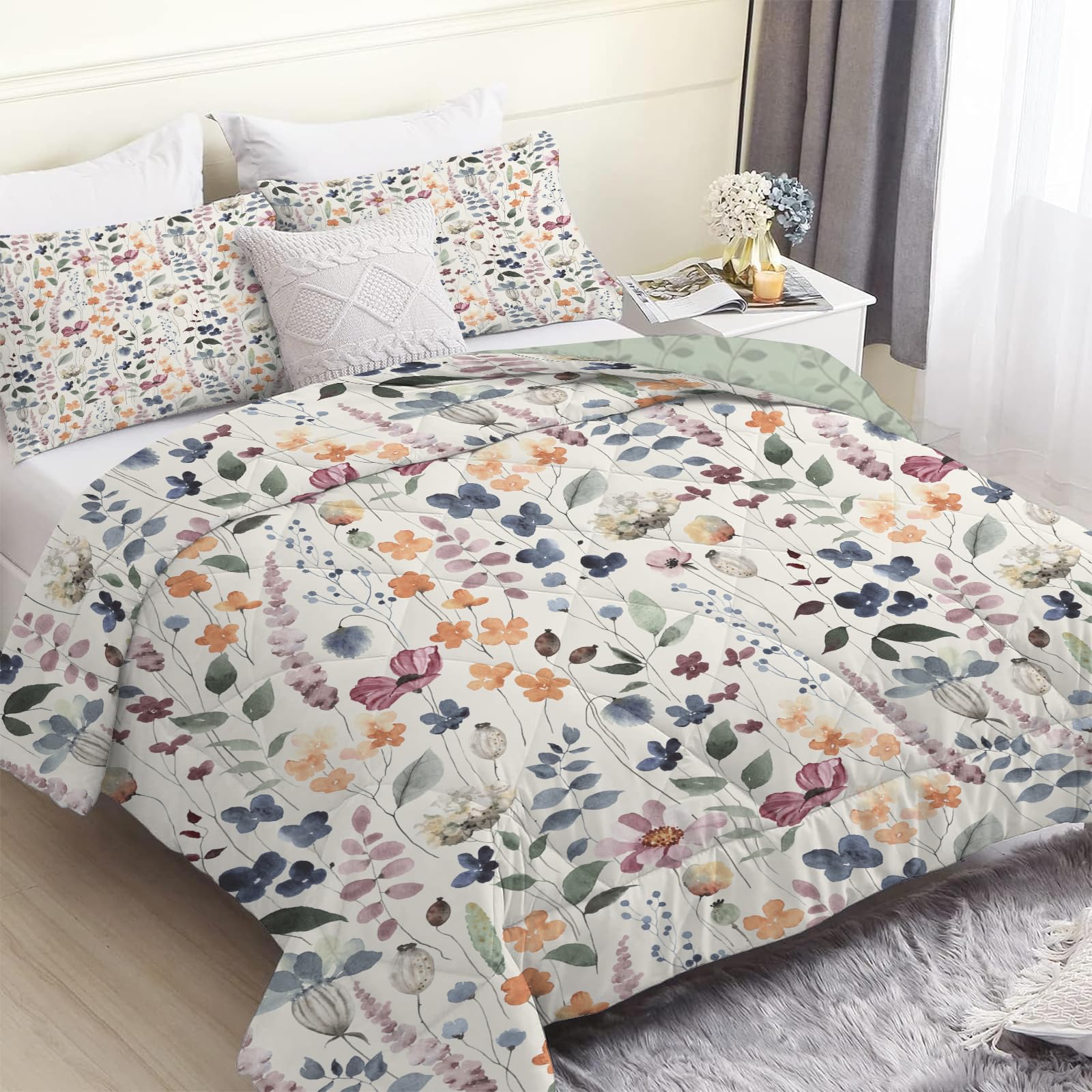 Bettdecke 135x200 4 Jahreszeiten, Beige Blume Vierjahreszeiten Steppdecke 135x200, Warme Ganzjahresdecke Salbeigrüne Pflanzen Bettdecke ohne Bezug Waschbar Schlafdecke mit 2 Kissenbezug 80x80cm
