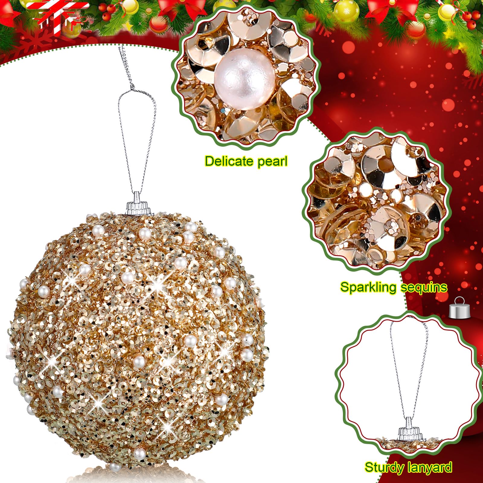 BBTO Lot de 8 boules de Noël à paillettes en mousse à paillettes - Décorations à suspendre pour Noël, fête de mariage, vacances (champagne, 8,9 cm)