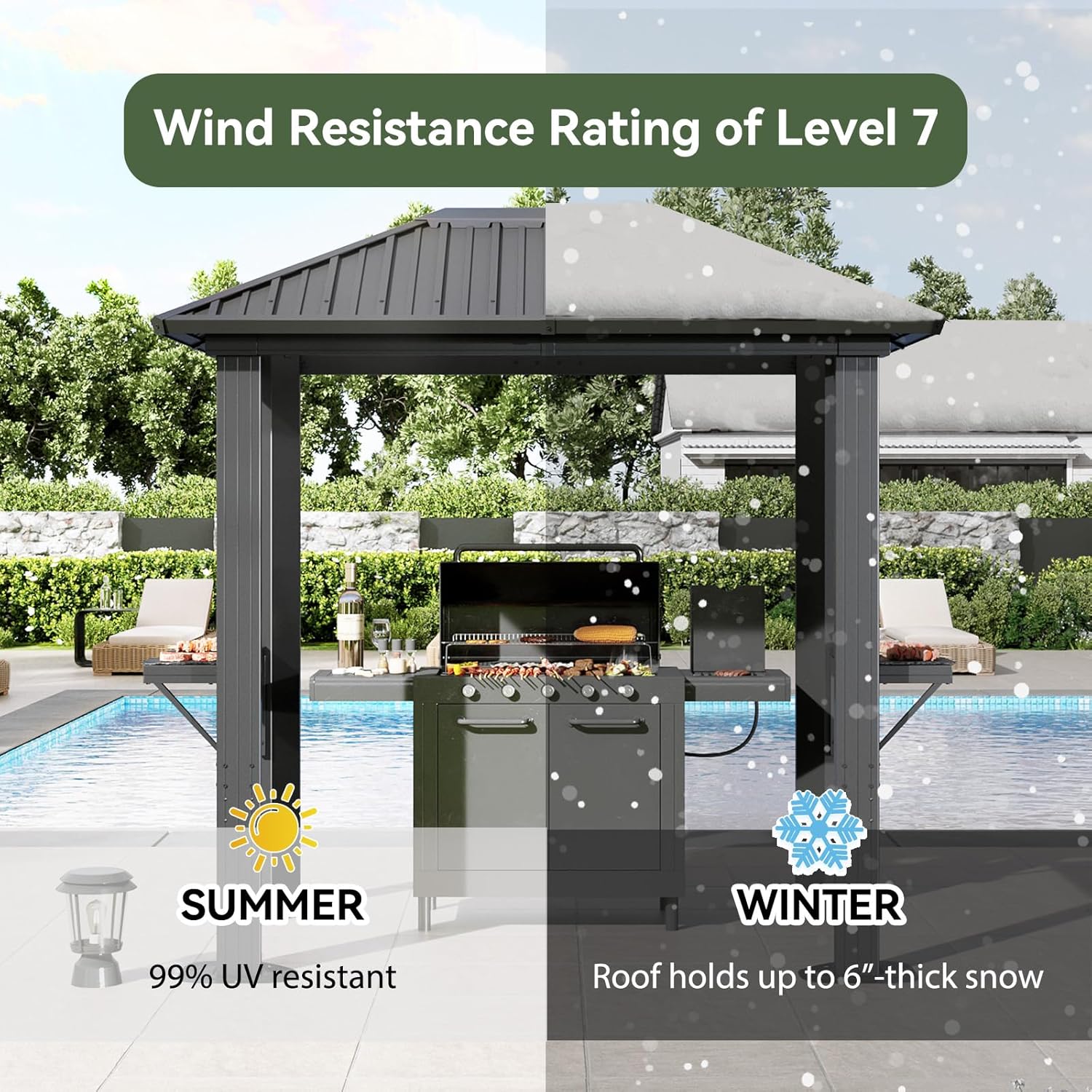 Aoxun Grill Hardtop Gazebo 5 x 8 FT, Outdoor Metal Hard Top Gazebo, Permanent BBQ Pavilion with Galvanized Steel Roof, Aluminum Pavilion with Shelves for Lawn, Garden, Patio, Backyard