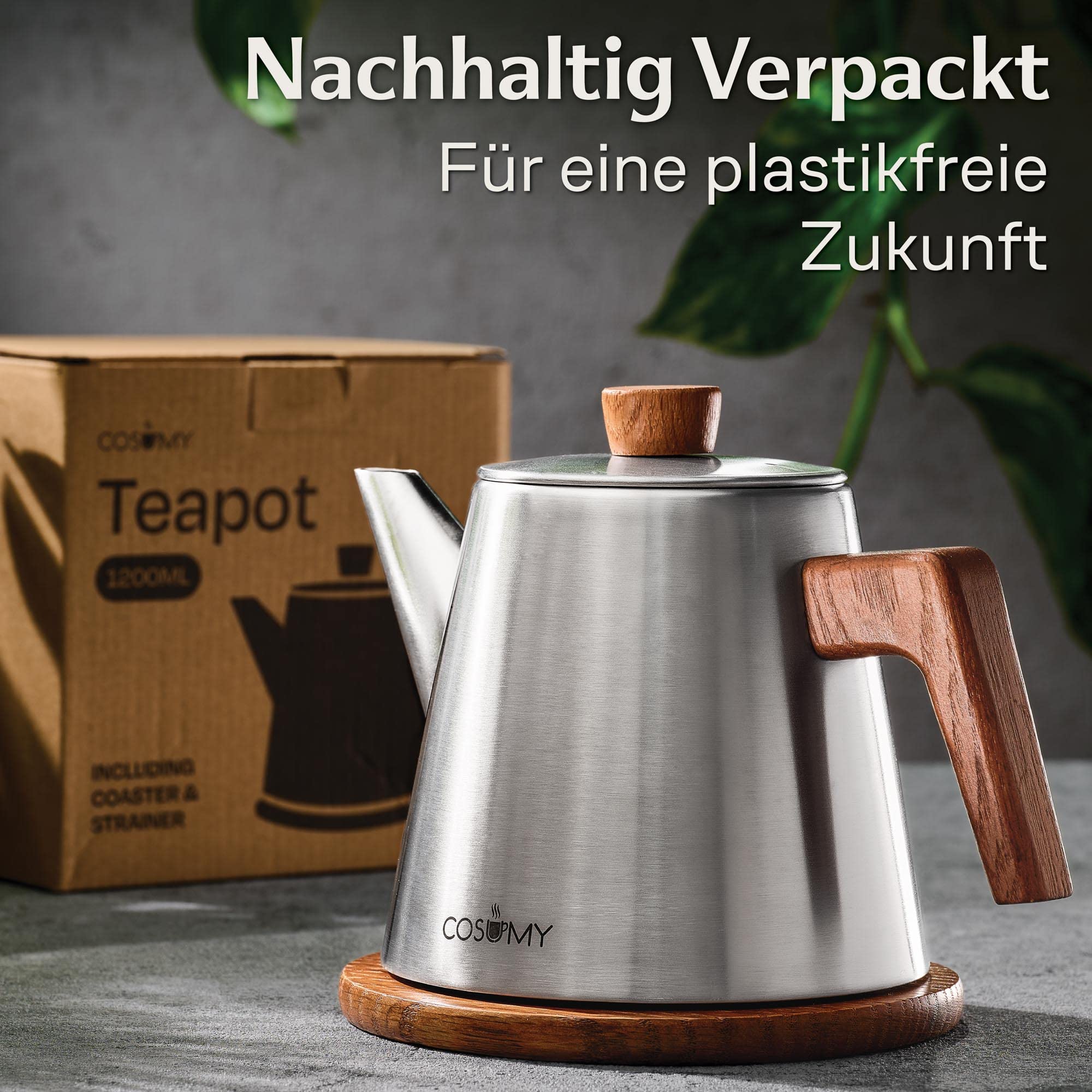 Cosumy Teekanne mit Siebeinsatz und Untersetzer - Dickes Edelstahl - Induktion & alle anderen Herdarten - 1200ml - Thermo Teekanne Metall mit Warmhaltefunktion