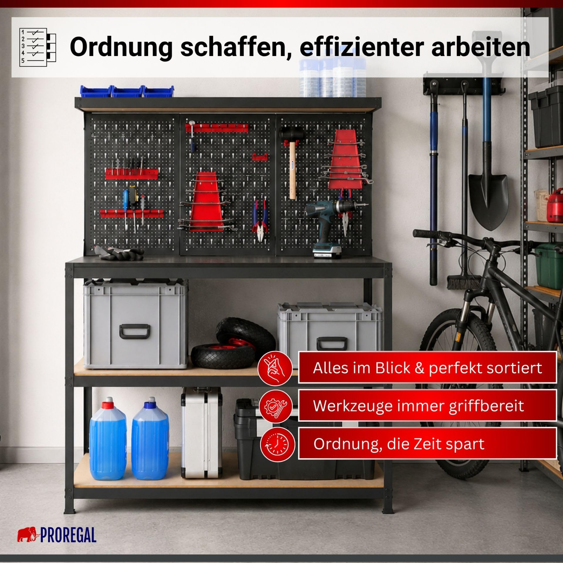 PROREGAL Profi Werkbank ARES mit Werkzeug Lochwand für Werkstatt 155x120x60cm Fachlast 150kg inkl. Werkzeughalter Schwarz Werktisch mit Lochplatte Werkzeugbank Arbeitstisch mit Werkzeugwand Werktisch