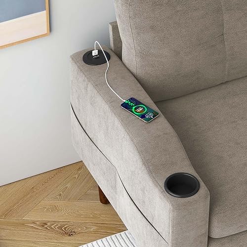 Miniatura 4 de Sofá modular en forma de L, moderno sofá de 3 plazas de tela de lino con almacenamiento convertible, otomano, color beige, juego de muebles de sala