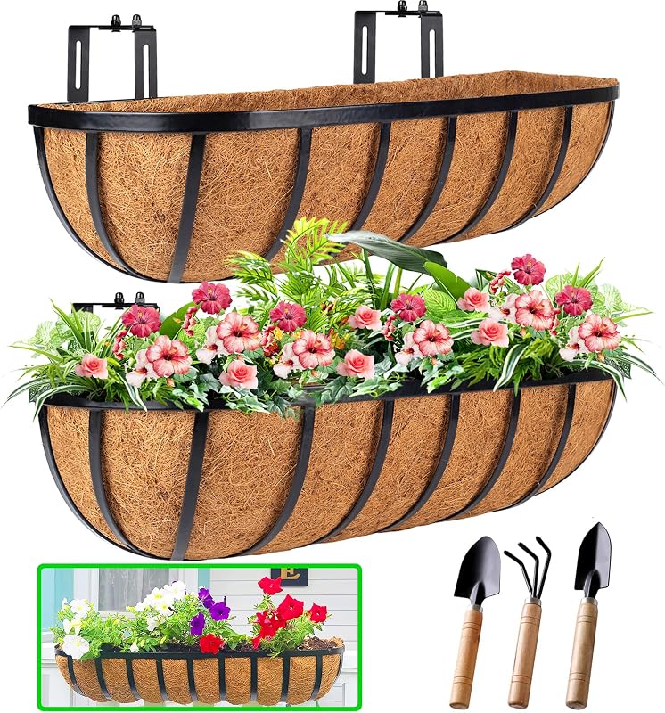 HKZ Deck Balcony Railing Planter Window Boxes - 2 Pack 24 Inch Planter Box, Balcony Planters Railing Hanging, Window Boxes Outdoor Fence Planters