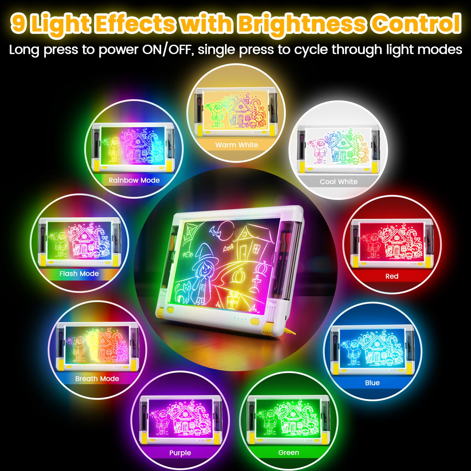 Lavagna da disegno a LED ricaricabile da 15 pollici per bambini, con 9 colori e effetti luminosi, lavagna da disegno al neon per disegnare, idea regalo per adolescenti, 5 pennarelli