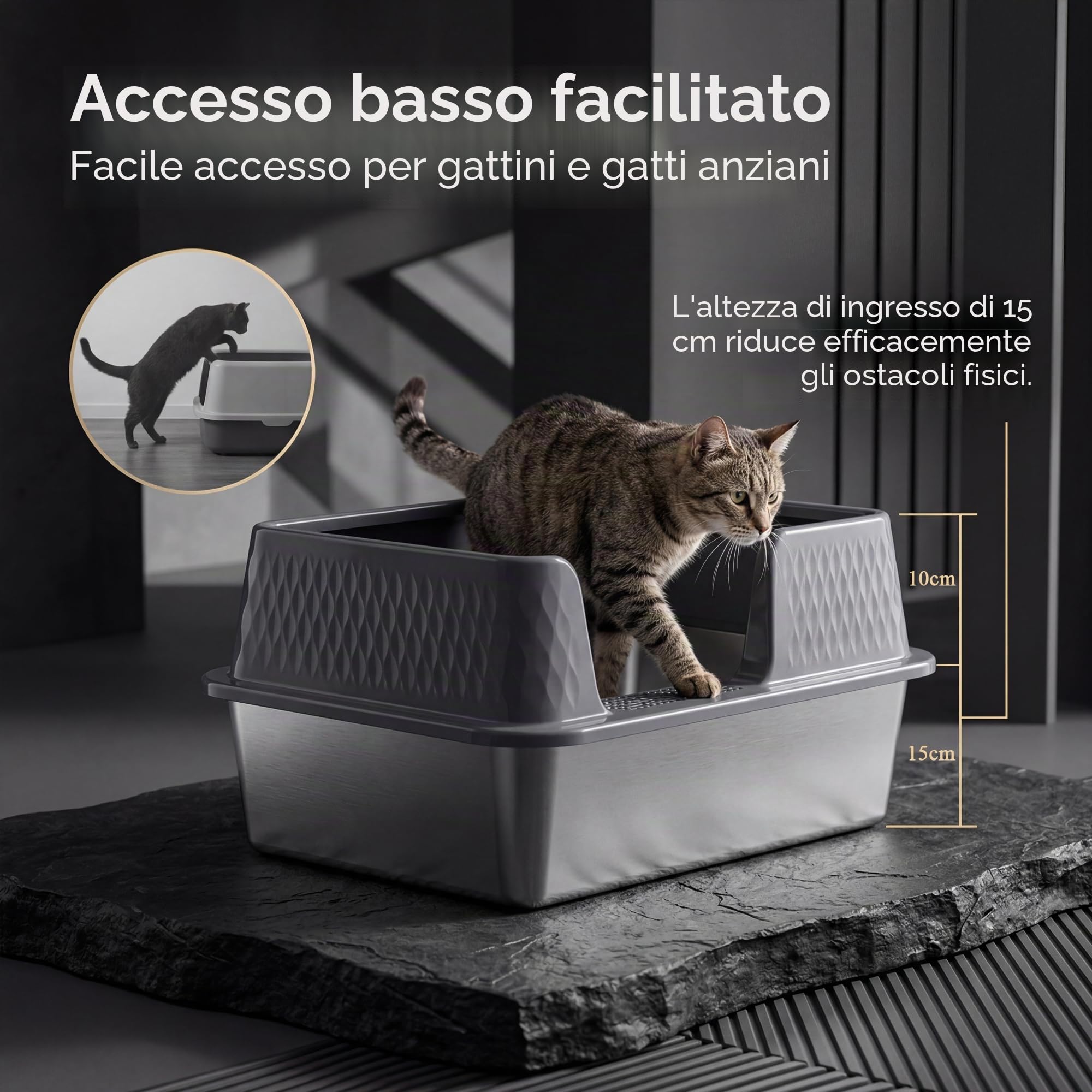 Suhaco Lettiera in Acciaio Inox per Gatti XL con Coperchio, Tappetino e Paletta - Lati Alti, Facile da Pulire (L, Grigio)