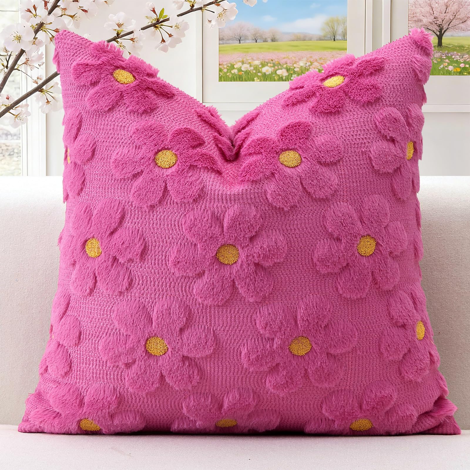 Artscope Spring Summer Cushion Cover Set of 1 Flowers Throw Pillow Cover for Sofa 45x45cm Square Seasonal Soft Plush Short Wool Velvet Cushion Case Holiday Decor Rose Pink