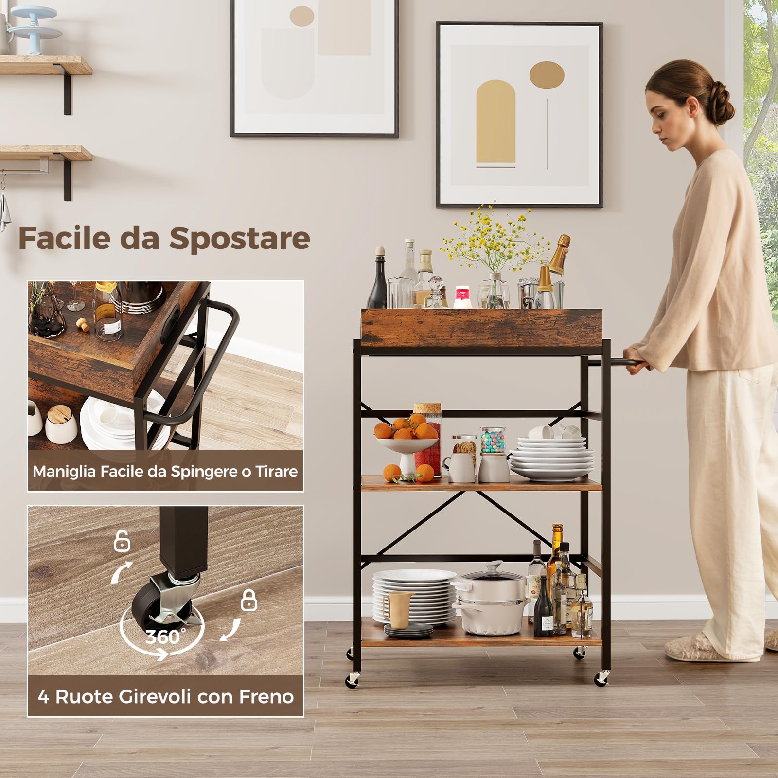 COSTWAY Carrello da Bar a 3 Ripiani, Carrello da Servizio Industriale con Vassoio Rimovibile, 4 Ruote Bloccabili e 1 Maniglia, Carrello da Cucina con Ruote, 73 x 40 x 94 cm