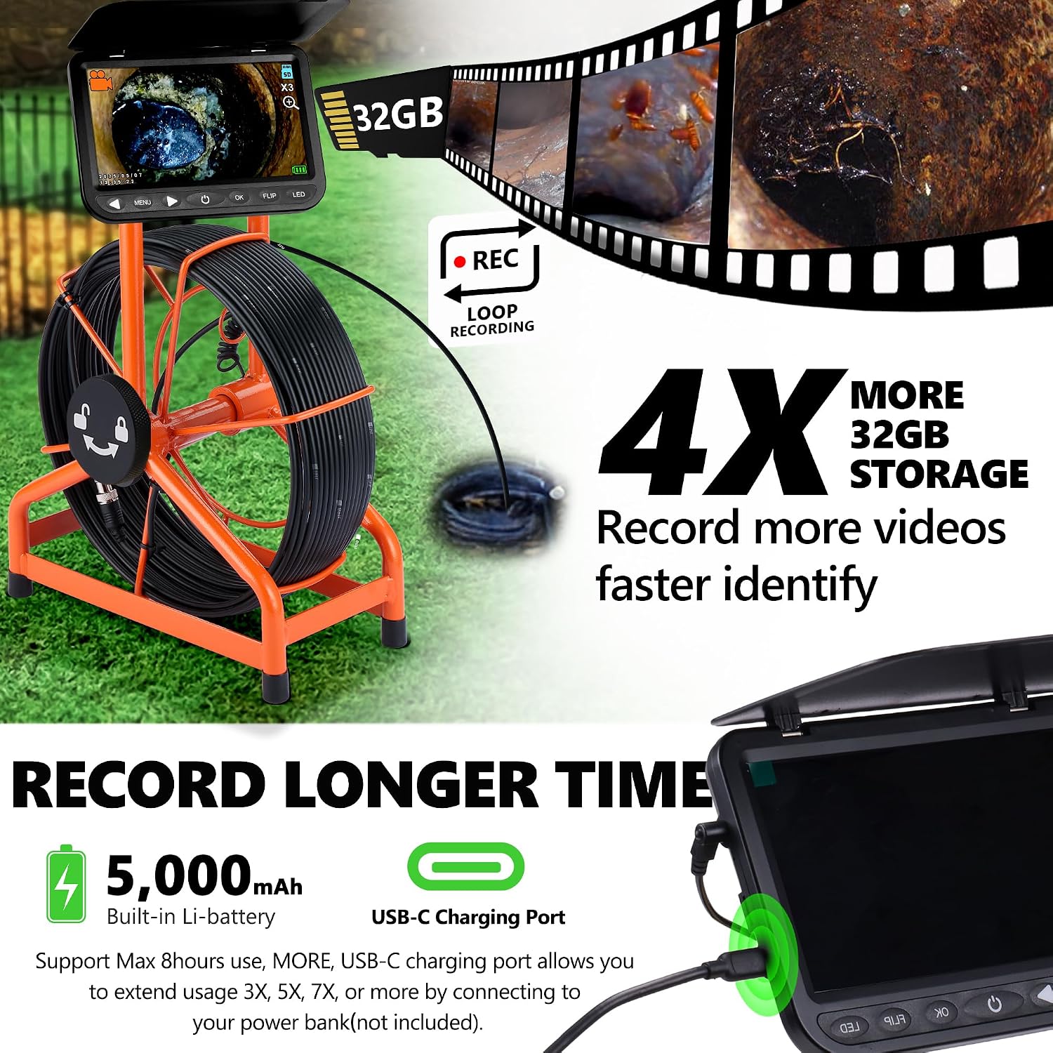 [ChoosePRO®] HD1080P Sewer Camera 7'' w/1s Twist-Unlock System, DVR-32GB, 0.64'' Thicker Reel, photo 4