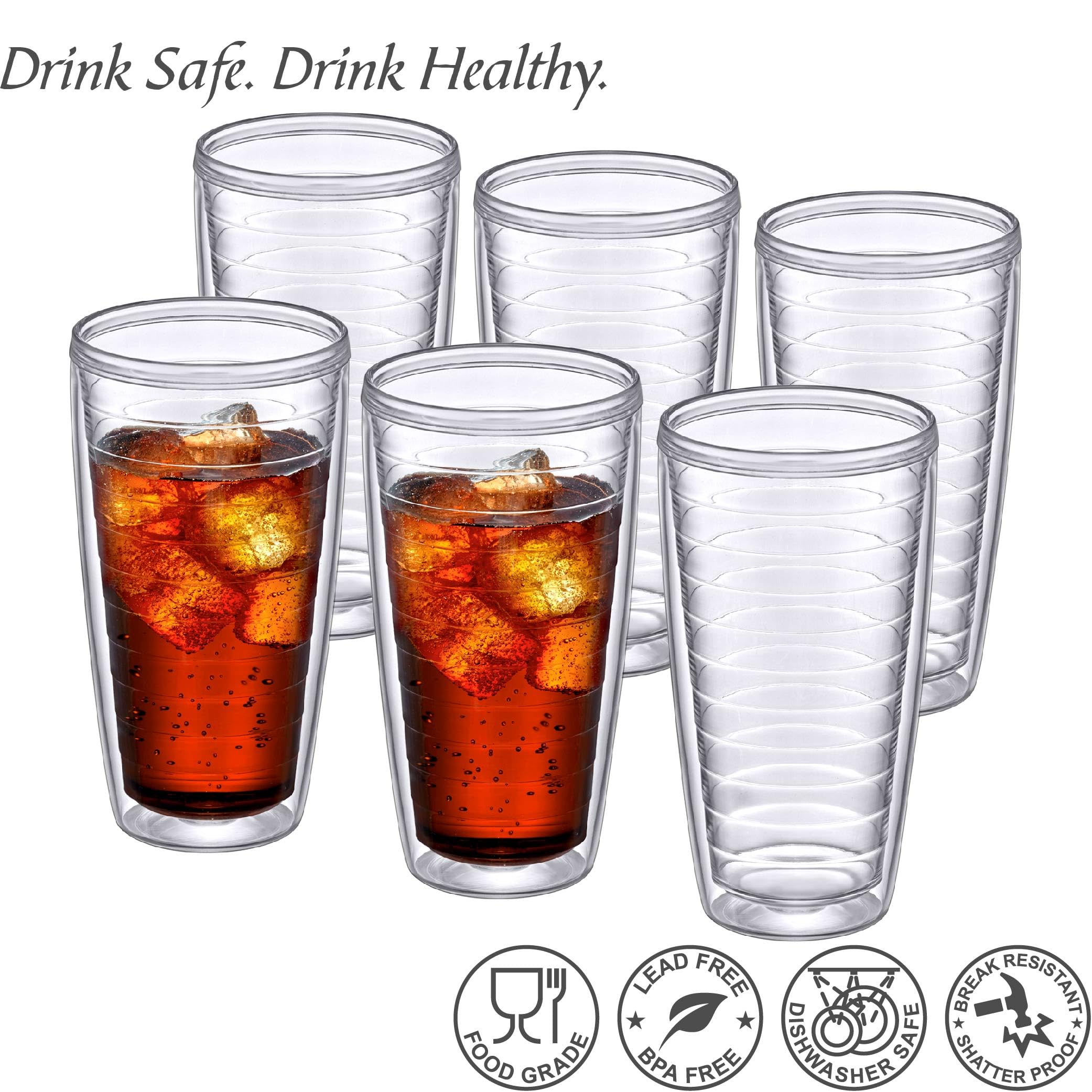 Amazing Abby - Alaska Isolierte Kunststoff-Trinkgläser, doppelwandige Kunststoff-Trinkgläser, transparent, wiederverwendbar, BPA-frei, bruchsicher, spülmaschinenfest, 680 ml, 6 Stück
