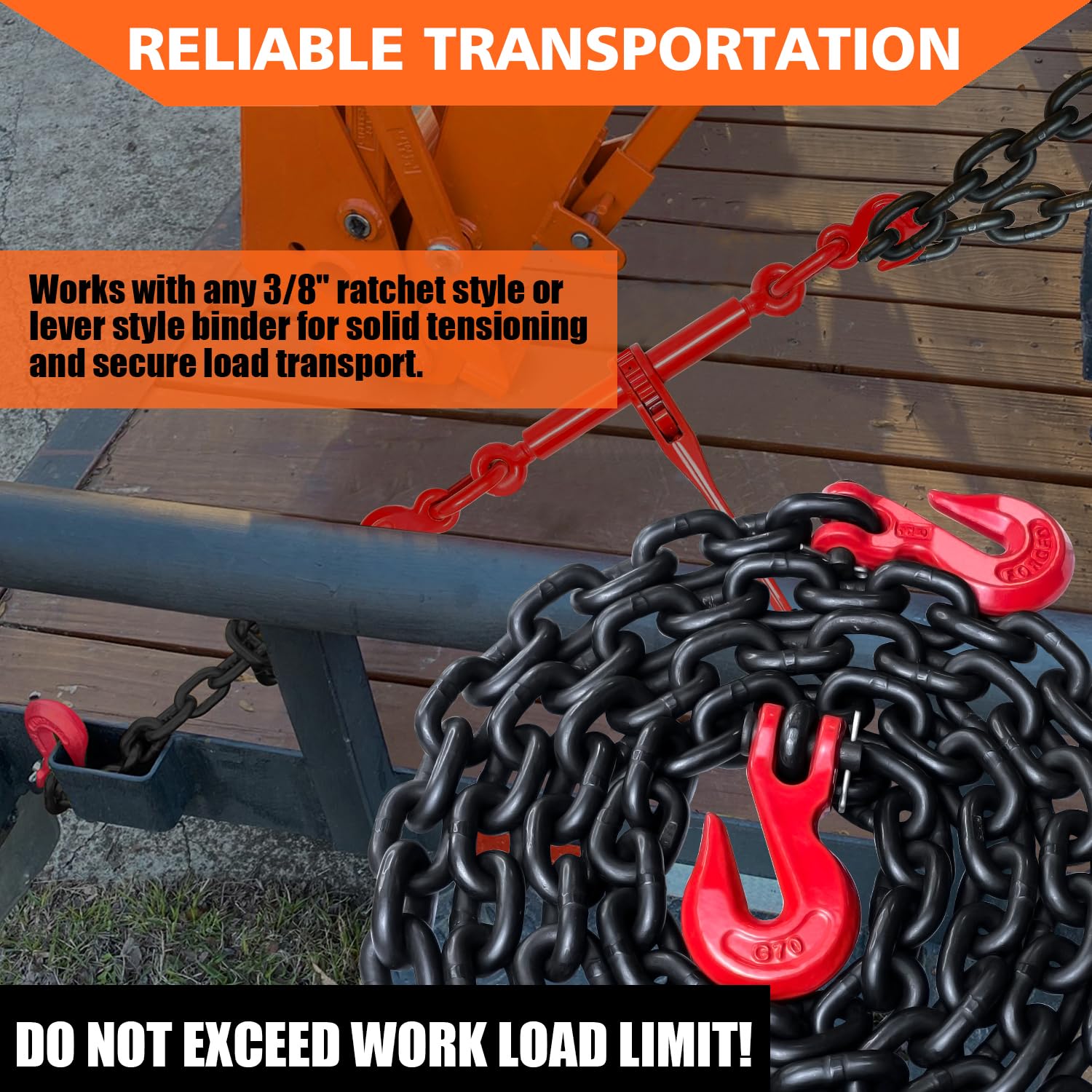 G80 Binder/Safety Chain 3/8 Inch x 10 Foot Transport Binder Chain with Clevis Grab Hooks 7,100 lbs Safe Working Load Logging Chain for Transporting Towing Tie Down Binding Equipment - Image 2