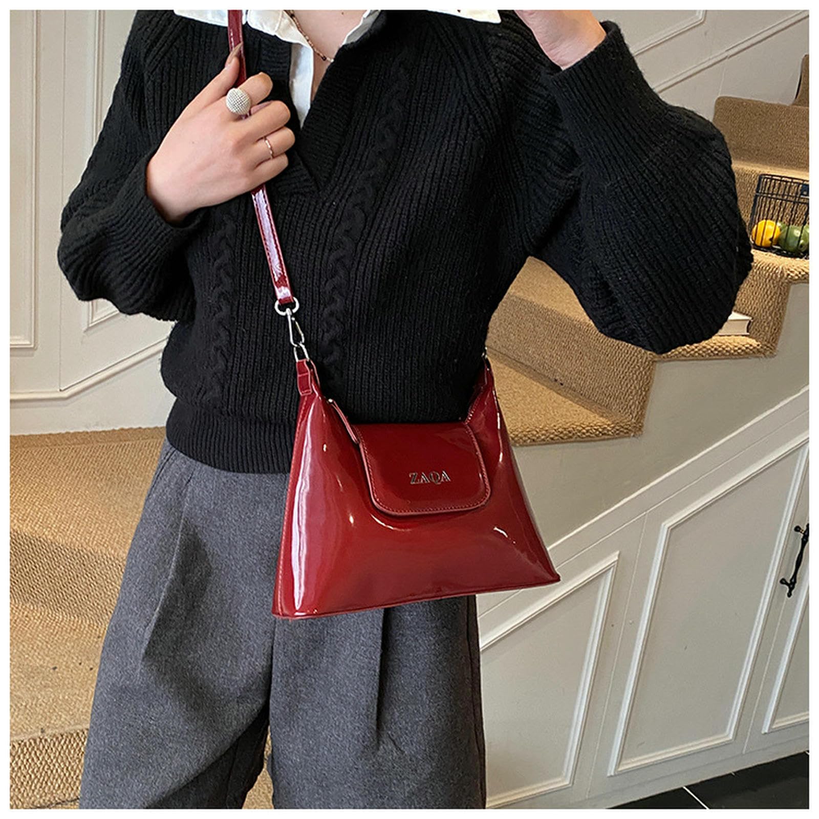 Damentaschen Damen Lackleder Eimer Tasche, Eine Modische Und Trendige Schulter- Crossbody Tasche -白色