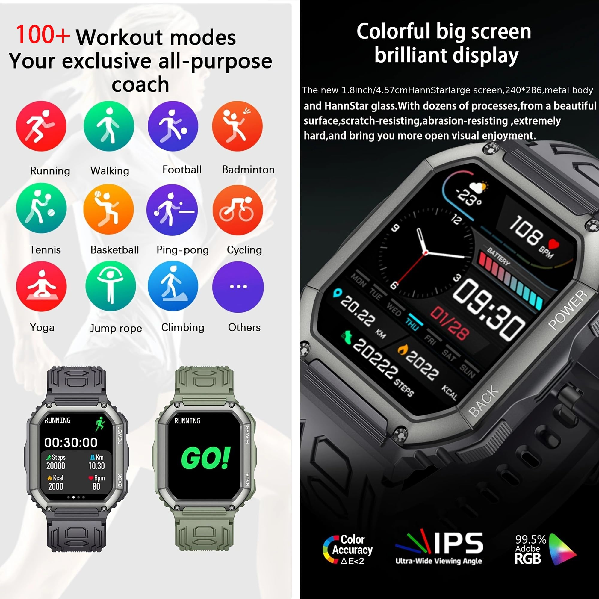 1,8" AMOLED Reloj Inteligente Hombre con Llamada y Whatsapp,Batería de 320 mah, 5ATM Impermeable Reloj Smartwatch 123 Deportivo Hombre con Monitor Sueño, Pulsómetro Android iOS (Camuflaje verde)