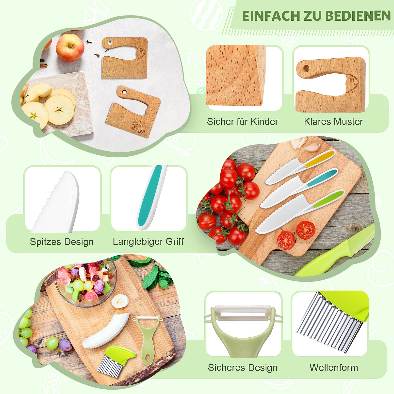 Goodchef Set di coltelli da cucina per bambini, 8 pezzi, per tagliare e cucinare frutta o verdura per bambini, con coltello in legno