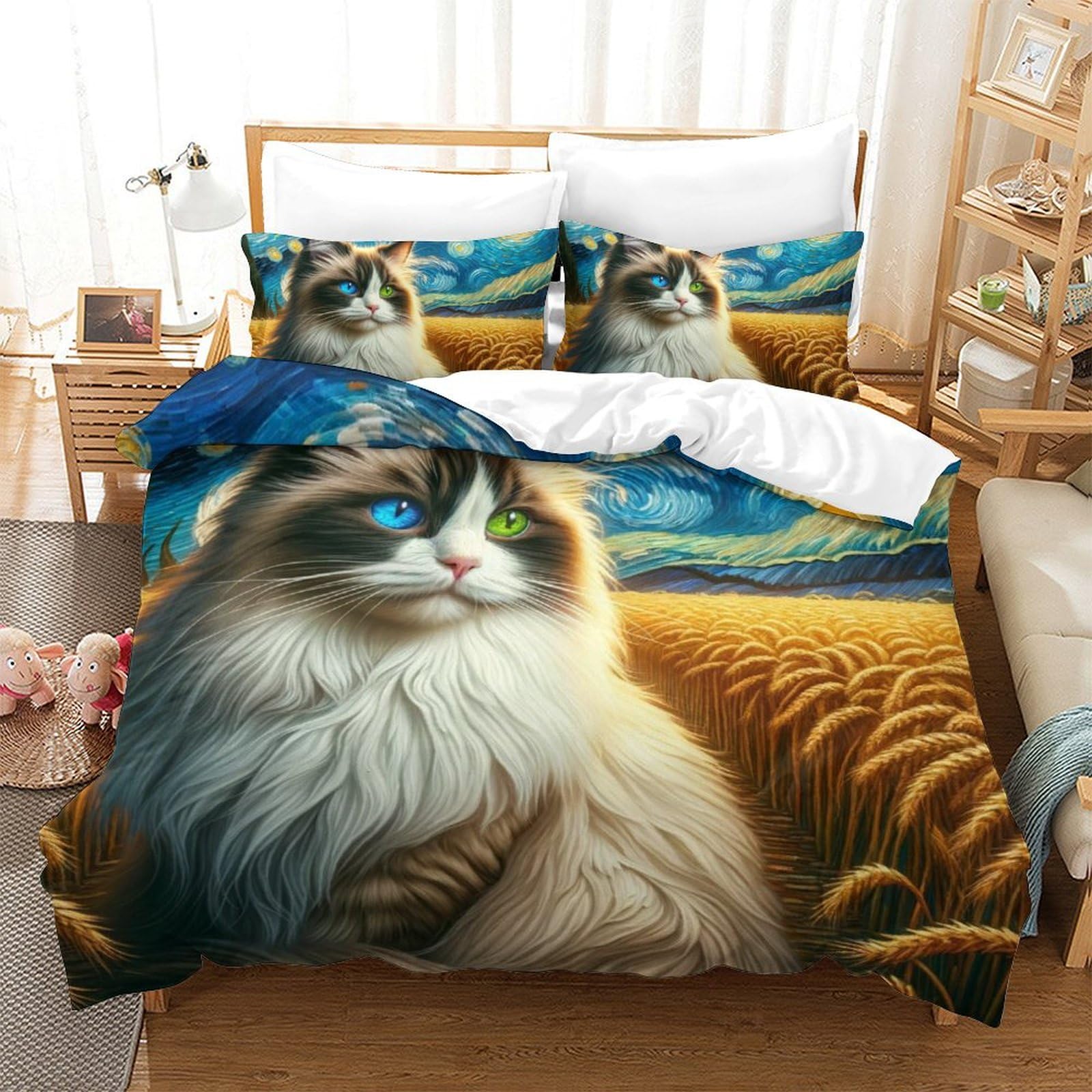 Housse de couette chat 3D pour lit double enfant, parure microfibre douce avec zip 200x200