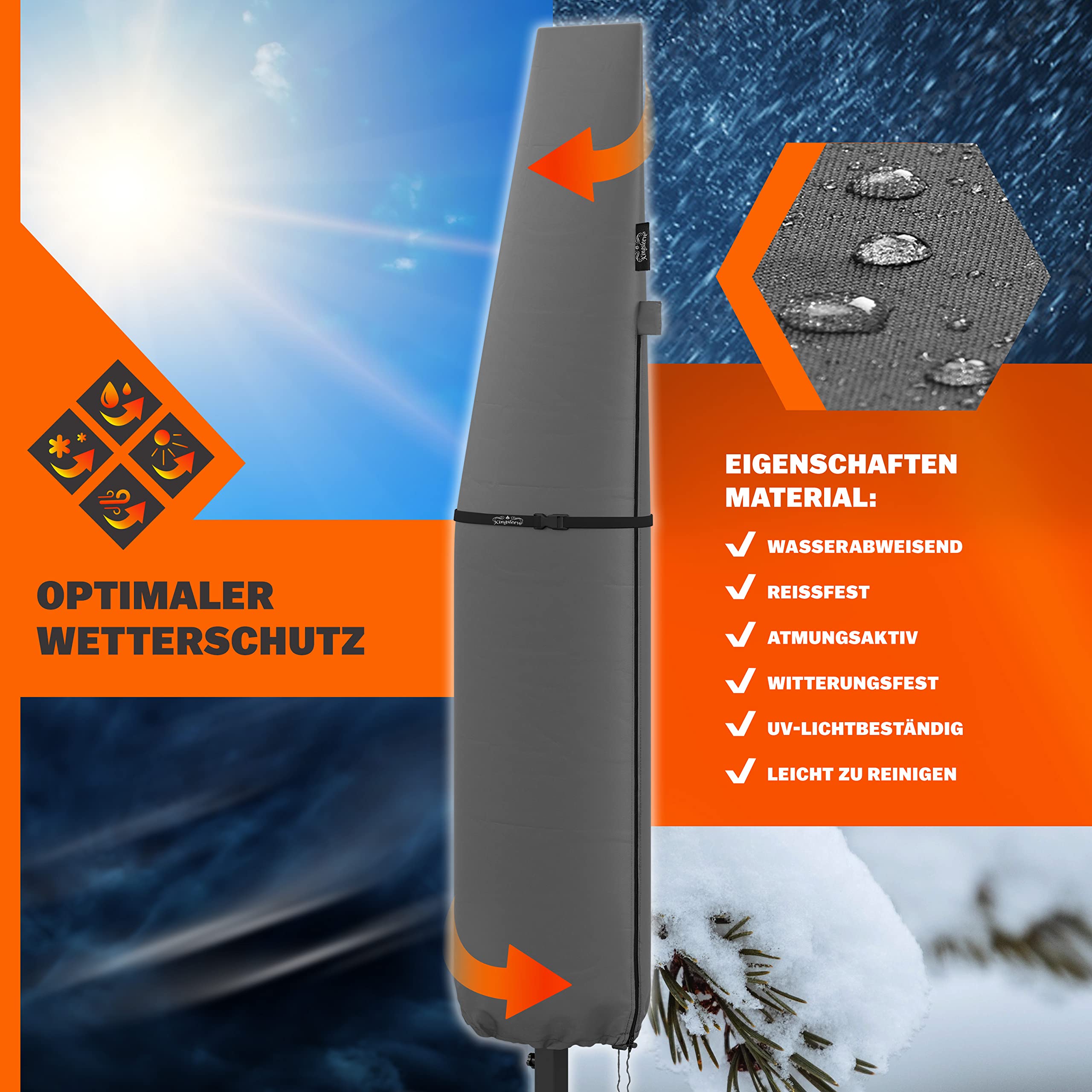 KINGSLEEVE® Sonnenschirm Schutzhülle mit Stab bis Ø 350 cm Winterfest Groß Ampelschirm Gartenschirm Abdeckung Abdeckhaube Hülle Plane Schirmhülle Grau