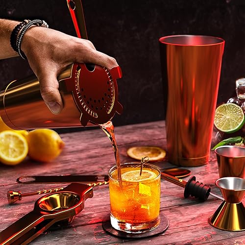 Miniatura 6 de Juego de coctelera de bar, kit de camarero, juego de cóctel dorado de 17 piezas, kit de barman mixología con soporte de madera, kit de cóctel de