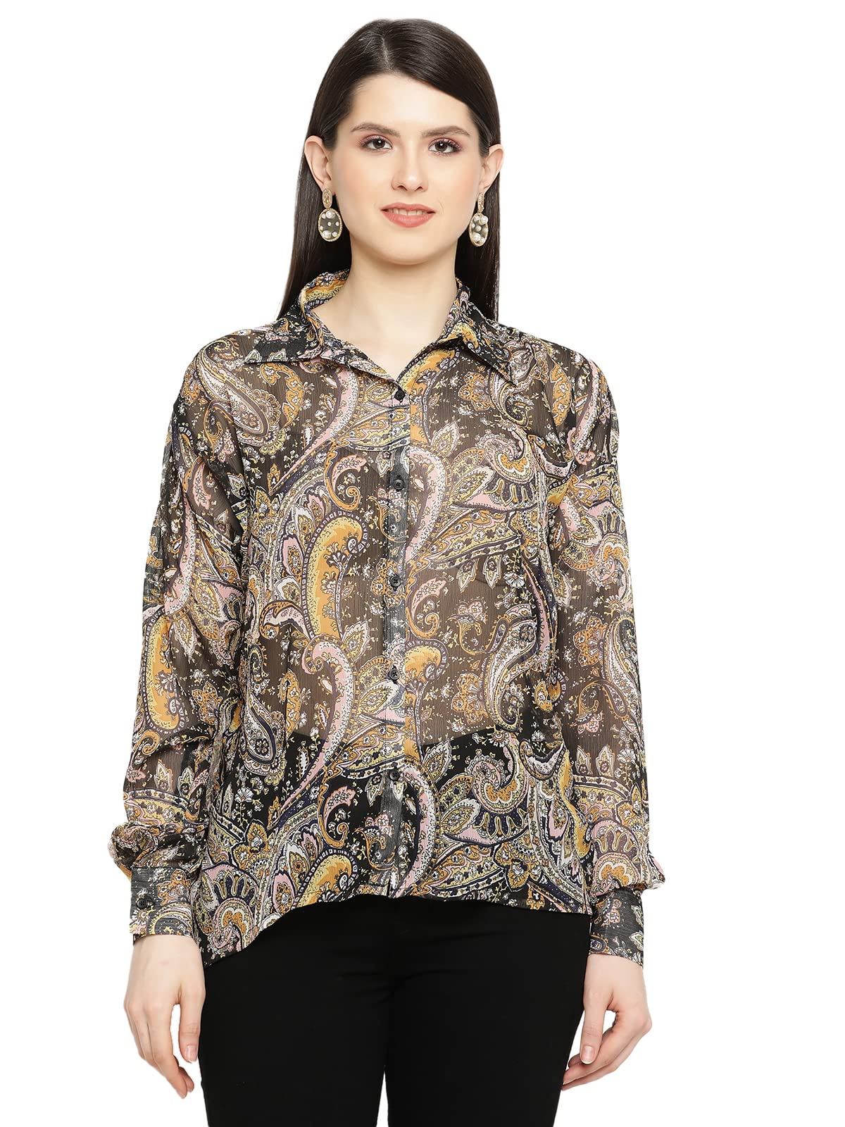 ShasmiWomen's Oversized Fit Chiffon Sheer Mesh Button Down Shirt Top Long Sleeve Drop Shoulder Top, T-Shirt