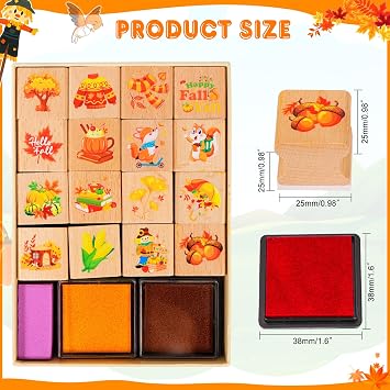 HOWAF 16pcs Fall Stamps Crafts Happy Fall Y'all Maple Leaves Animal Pumpkin Wooden Stamps Ink Pads Set Fall Season Card DIY Painting Scrapbooking Autumn Craft Gifts Activities Party Bag Fillers
