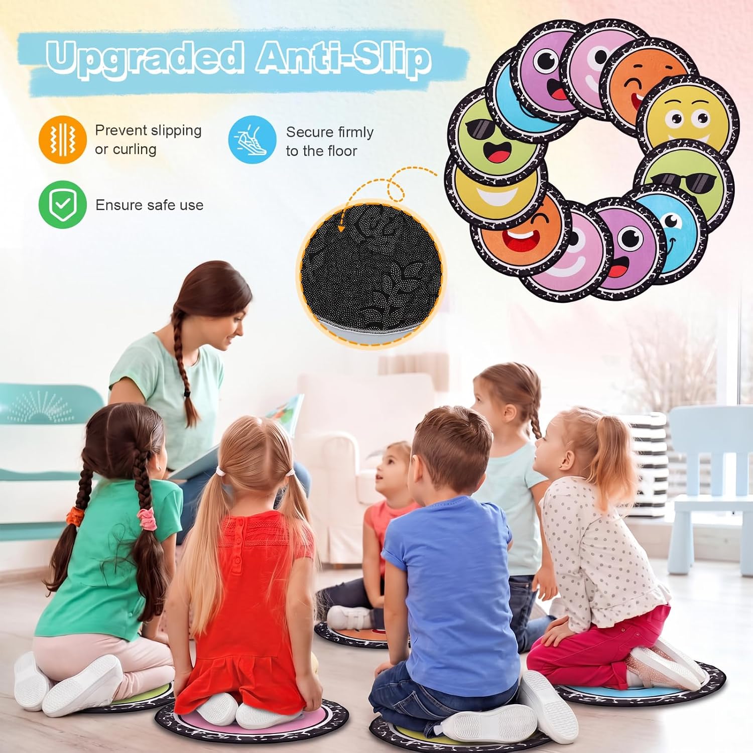 Dunzy Smile Faces Kids Classroom Carpet Circle Seats Floor Cushions,24 Pcs