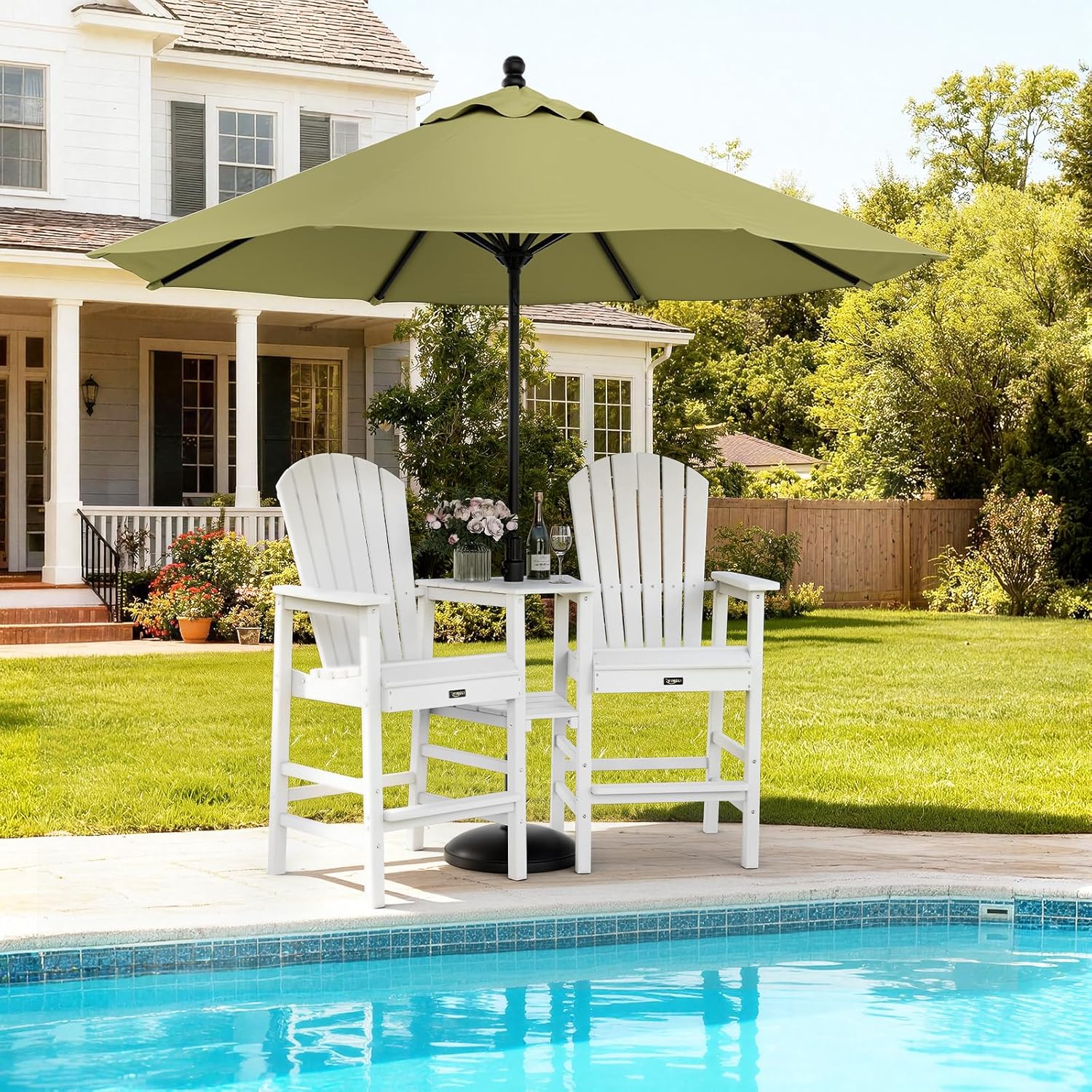 VINGLI Tall Adirondack Chairs Set of 2, All Weather HDPE Bar Height Adirondack Chair with Double Trays, Adirondack Barstools for Balcony, Poolside, Backyard and Patio (White)
