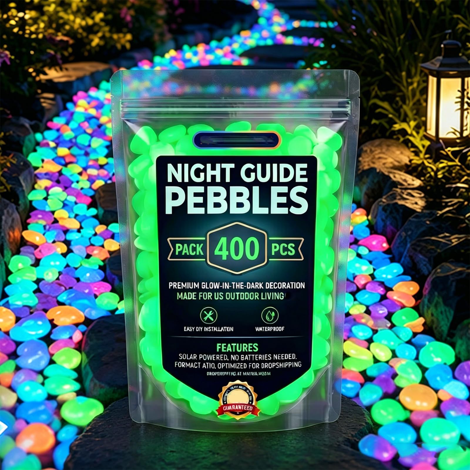 Colorful Glow-in-the-Dark Garden Stones, Night Guide Pebbles Glow, Rainbow Luminous Stepping Stones for Outdoor Walkway & Landscaping, Glowing Fish Tank Decorations, Vase Glow-Rocks (Green,400)