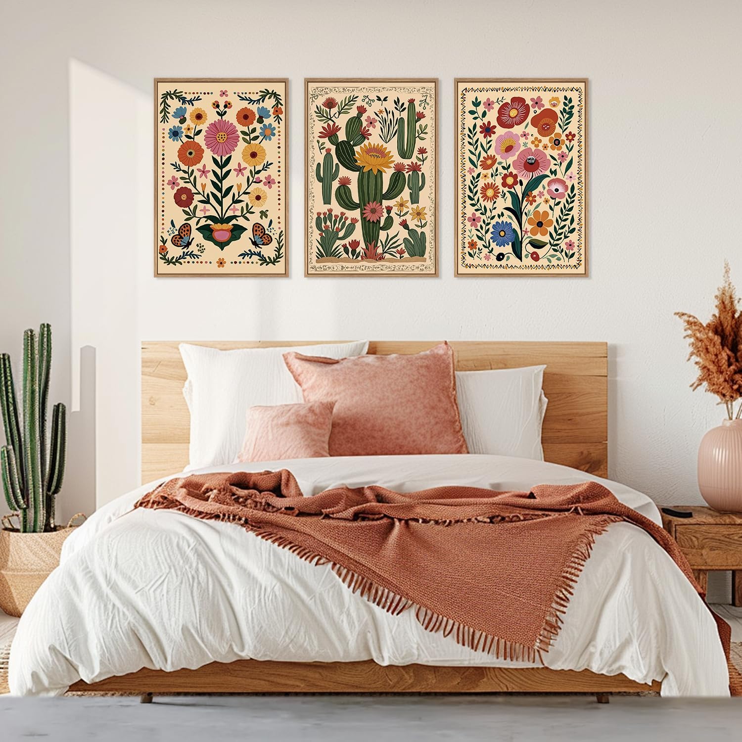 HLNIUC Boho Wildflower Wall Art Canvas,Mid Century Floral Wall Art,Butterfly Flower Artwork Watercolor,Cactus Framed Decor,William Morris Prints,Botanical Painting for Living Room Bedroom Home16x24x3