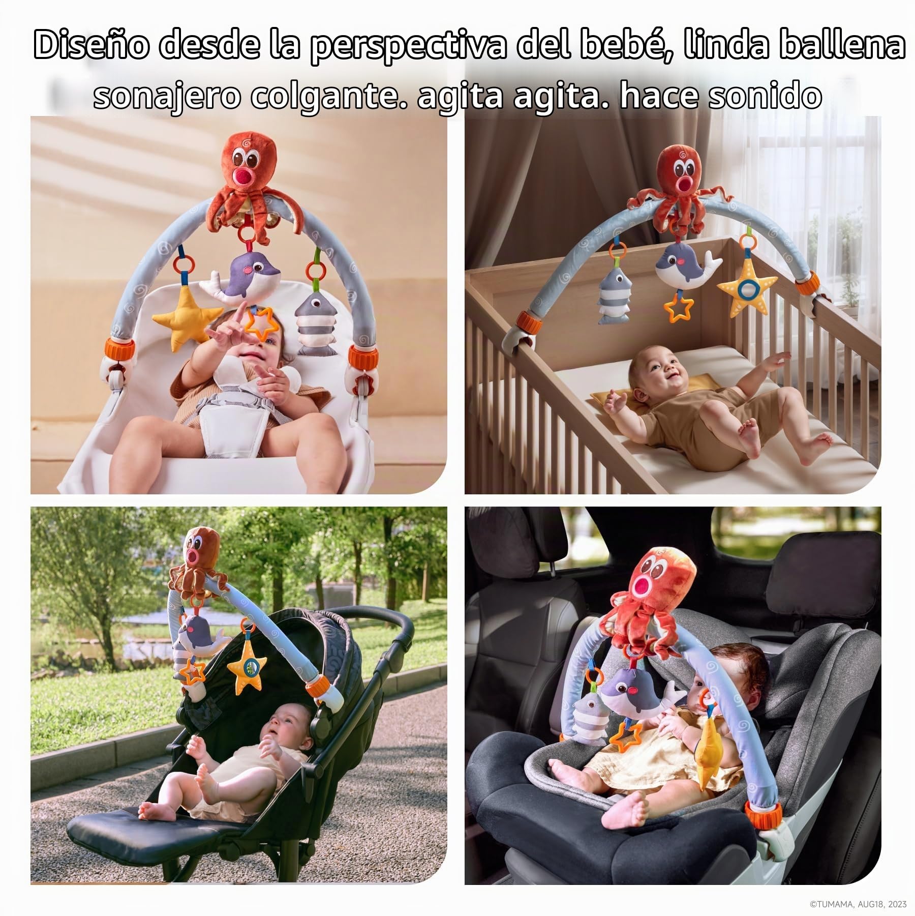 TUMAMA Arco Juguete Bebes 0-3 Meses,Cochecito Asiento de Coche Colgante Juguetes,Peluche Pulpo Juguetes Recién Nacido Regalo 0 3 6 9 12 Meses,Arco de Viaje con 3 Juguetes Sensoriales Colgantes