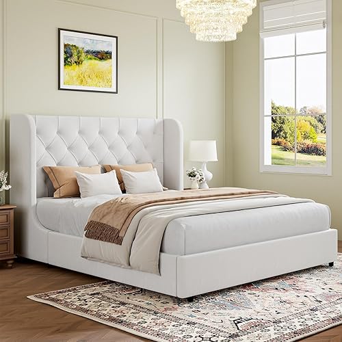 HOMBCK Base de cama Queen blanca, base de cama de plataforma tapizada en terciopelo con cabecero, diseño de respaldo curvado con alas, listones de
