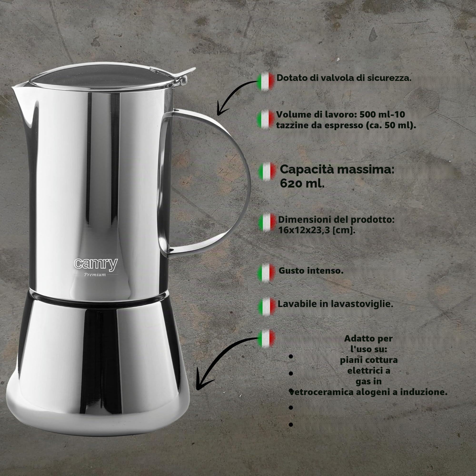CAMRY - Caffettiera classica in acciaio inox da 500 ml - Moka a induzione per tutti i tipi di piani cottura - Prepara 10 tazze di caffè espresso - Manico termoisolato - Per campeggio