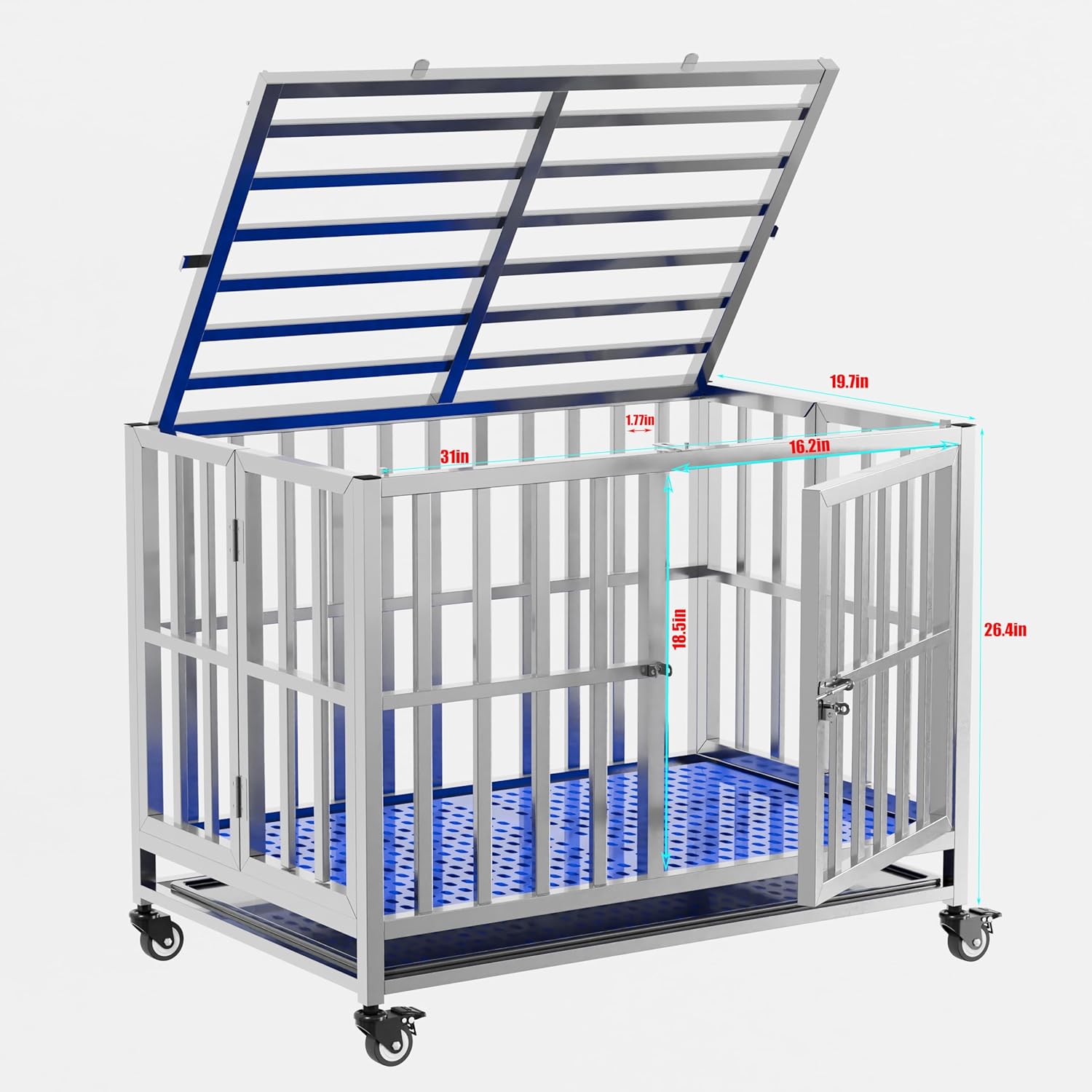 Collapsible Stainless Steel Dog Crate, 30" 37" 42" 48" Sizes, Lockable Wheel, with Tray, Stackable, Heavy Duty, Divider, Indoor and Outdoor (S-30in)