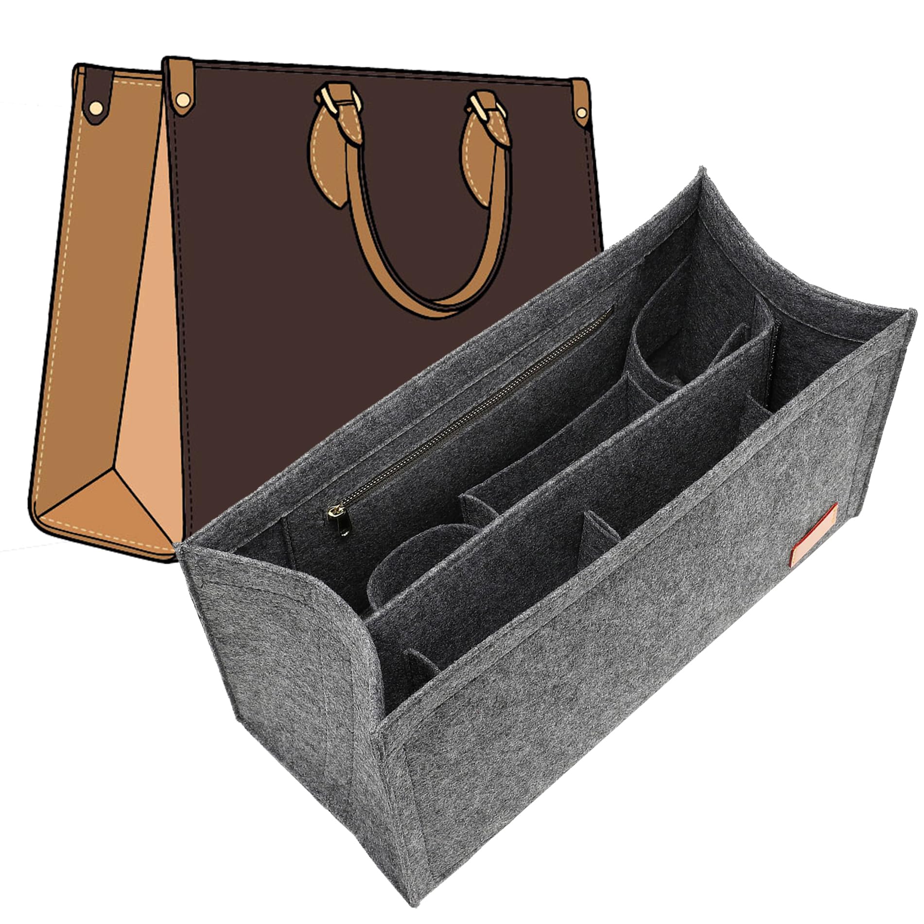 Bag Organizer Insert for LV On The Go MM and Dior Medium Book Tote and more, 9-Section Customizable Purse Organizer with Secure Zippered Pocket Water Bottle Holder, Handbag Shaper Protector (Gray)