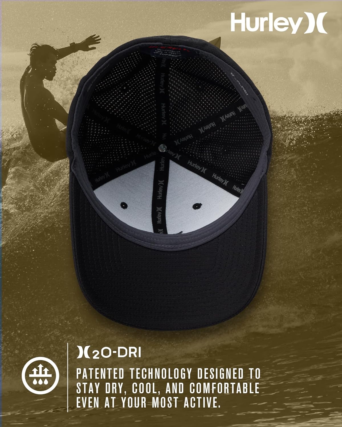 Hurley Men's Baseball Cap – Lightweight Curved Bill H2O Dri Fitted Caps for Men