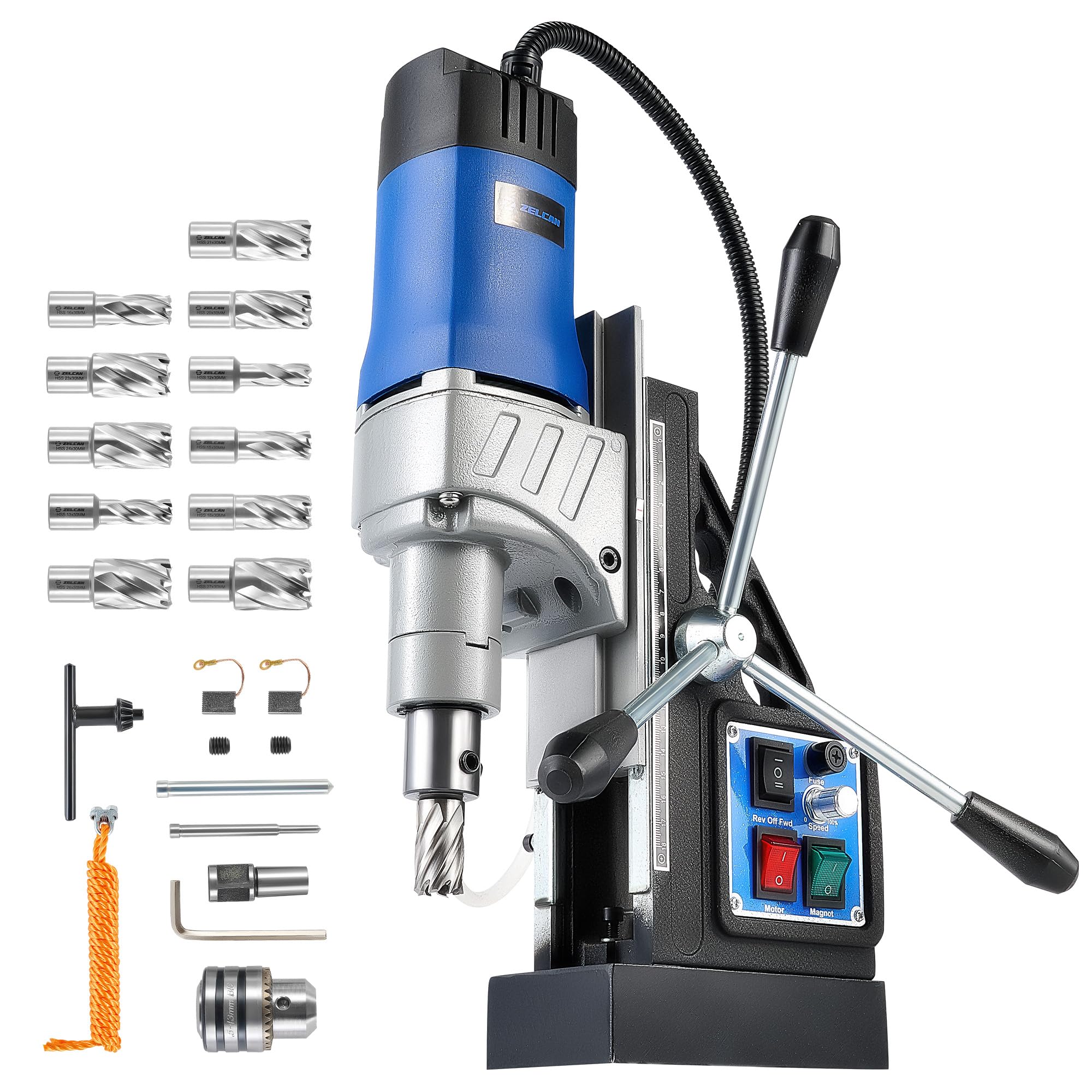 ZELCAN 1550W Magnetic Drill with 11 Drills, 50 mm Drilling Diameter, 0-580 rpm Speed and Reversible Direction, 13000N Force for Metal Surfaces (+ 11 Drill Bits)