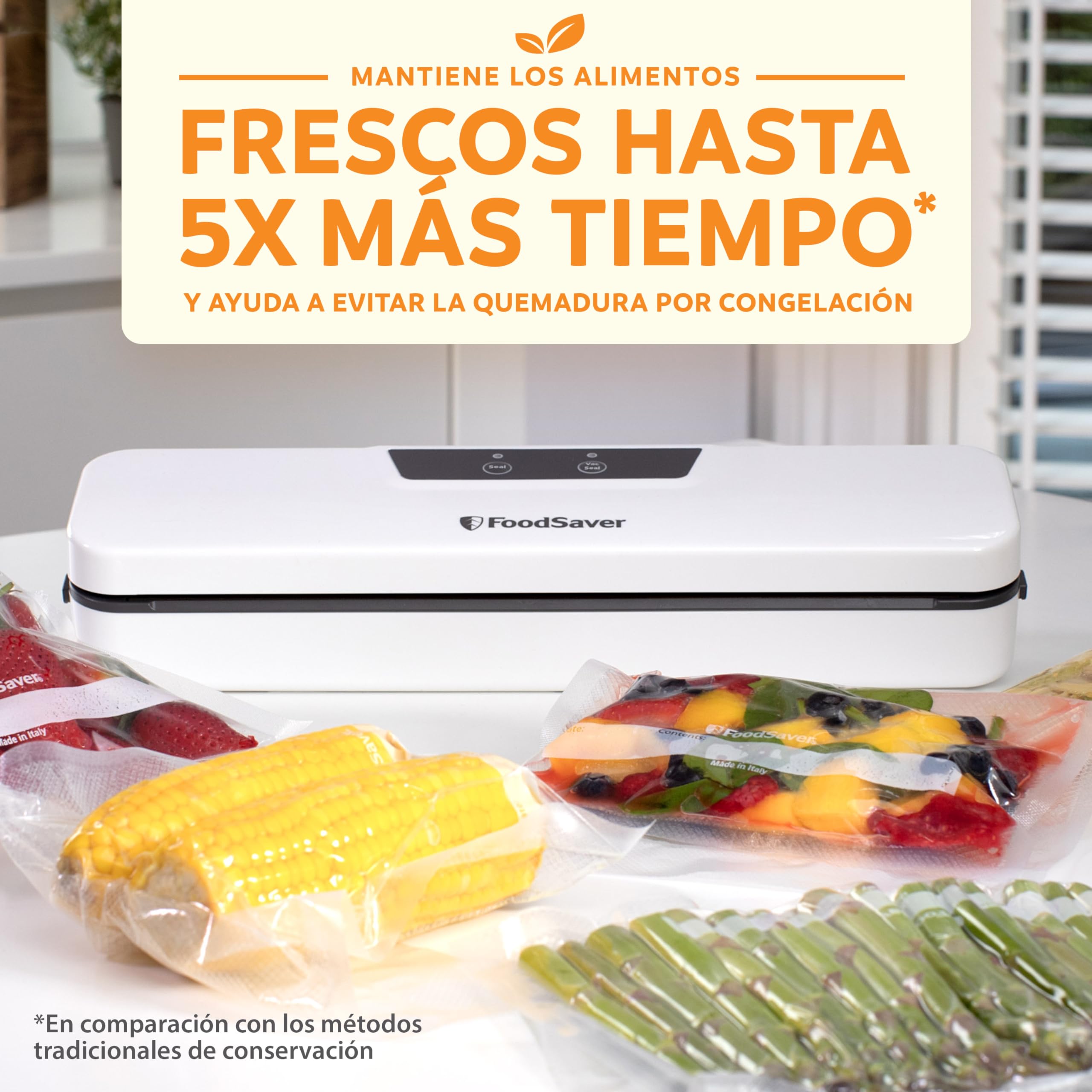 FoodSaver Everyday envasadora al vacío | Mantiene los alimentos frescos hasta 5X más tiempo | Maquina de envasar al vacio con diseño compacto | Con 5 bolsas para envasar al vacío (0,94 l y 3,78 l)