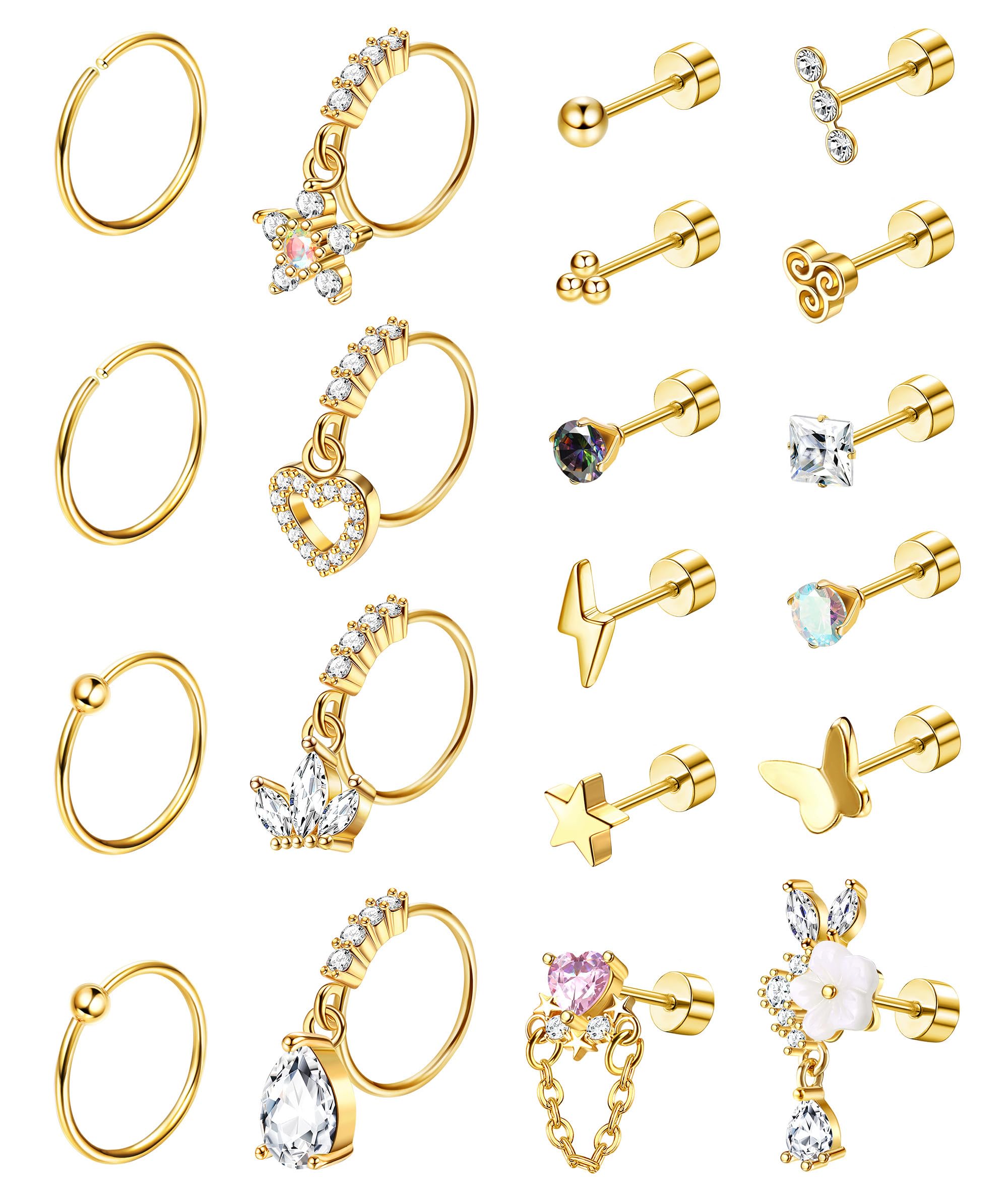 FIOROYAL20 Piezas 20G Piercing Oreja Acura Quirurgico Pendientes Pequeños Mujer Niña Hipoalergenicos Pendientes Aro Colgantes Pendientes Estrella Circonita Plate Dorados Piercing Tragus Helix
