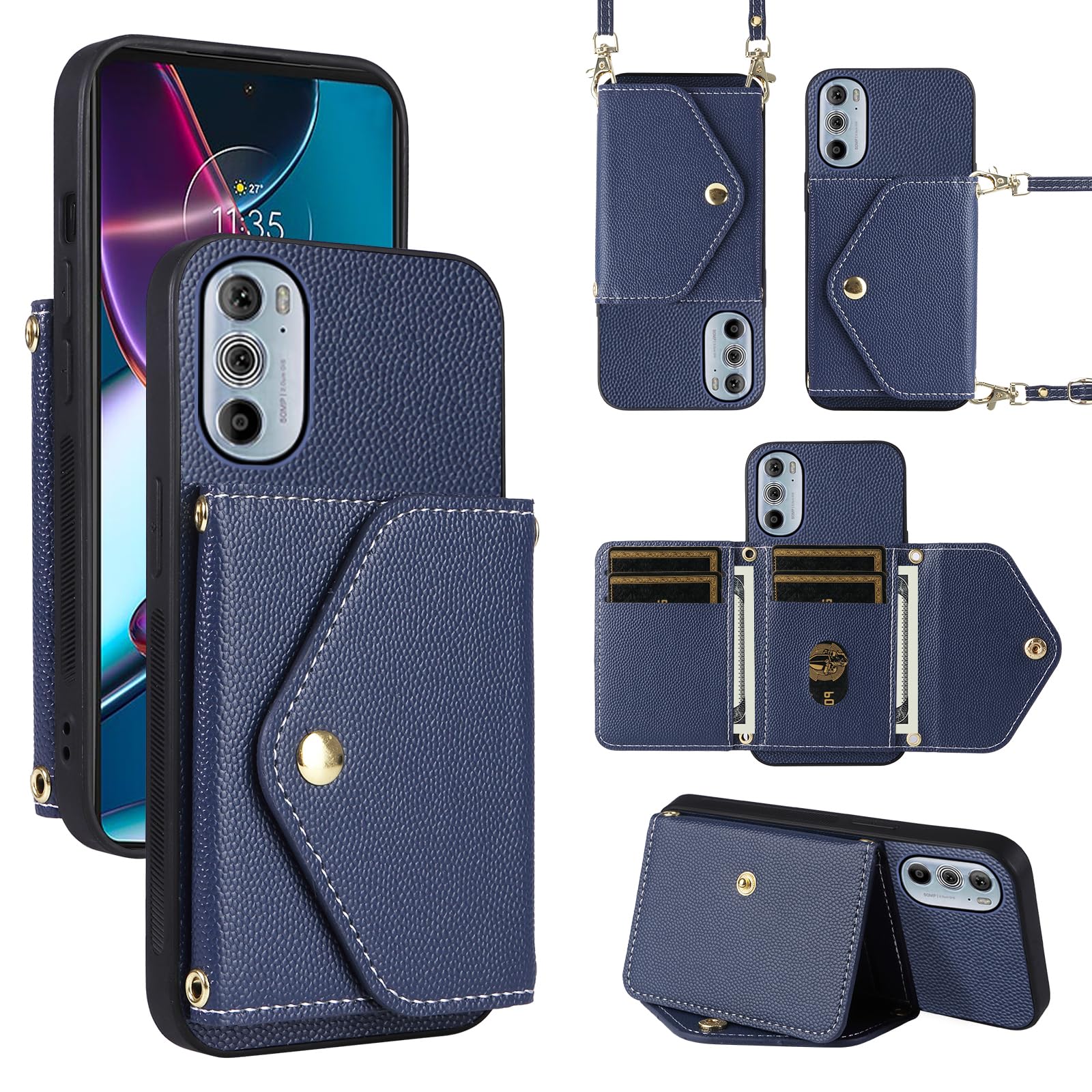 Dibosom Minimalist Wallet Case for Motorola Edge+ Plus 2022/Edge X30/30 Pro with Shoulder Strap,Thin Slim Flip Purse,PU Leather Credit Card Holder