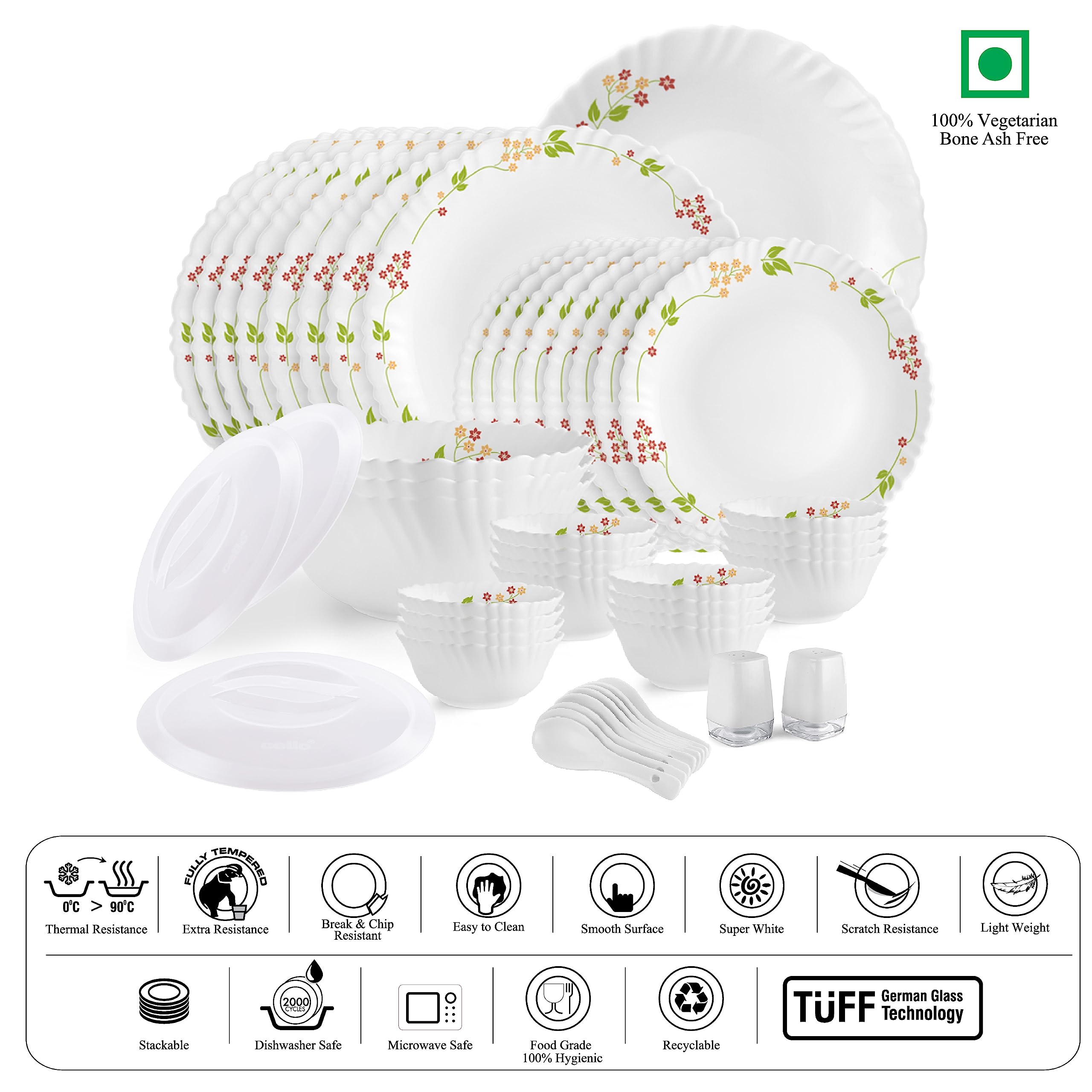 Cello Opalware Dazzle Series Secret Garden Dinner Set, 49Pcs | Opal Glass Dinner Set for 8 | Light-Weight, Daily Use Crockery Set for Dining | White Plate and Bowl Set 2
