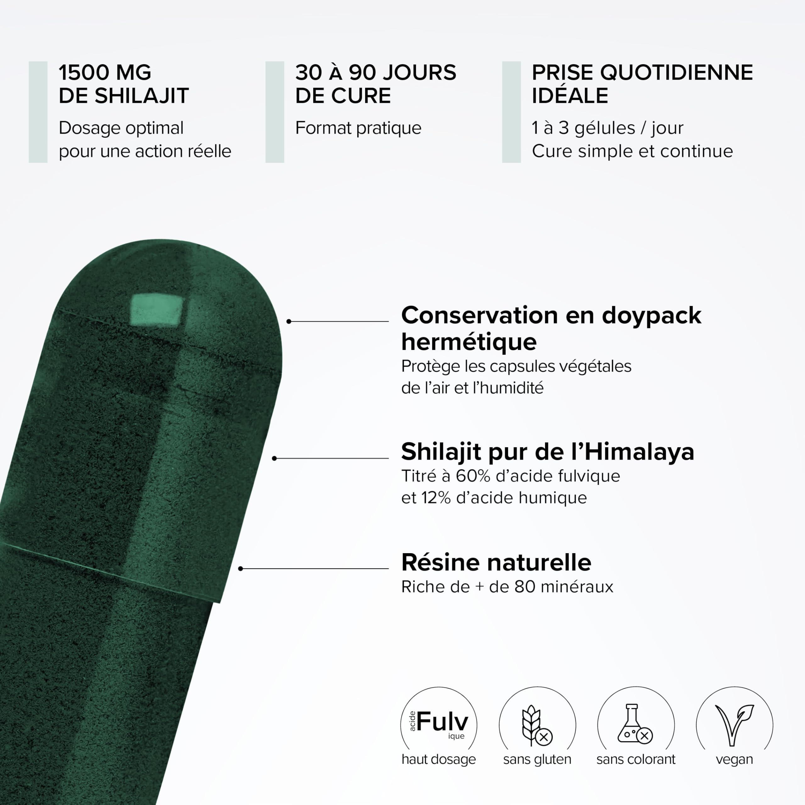 Shilajit Pur d’Himalaya Haut Dosage 1500mg – 60% Acides Fulviques – Complément Alimentaire Énergie, Vitalité – Vegan, sans Lactose, sans Gluten – Cure 3 Mois – 90 Gélules Végétales – Beyond Elements