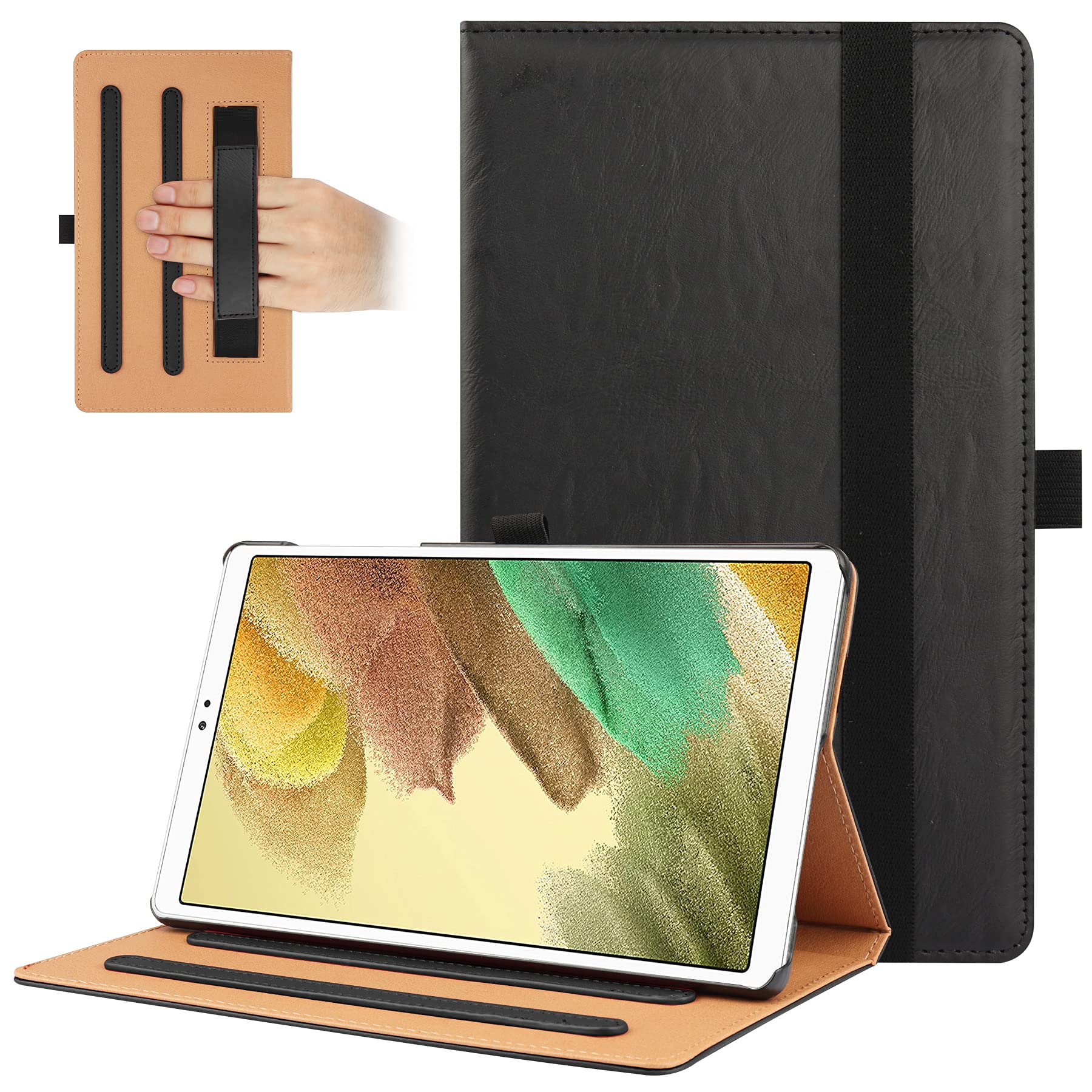 vovipoGalaxy Tab A7 Lite 8.7 2021 Case Cover, Multi-Viewing Angels PU Leather Stand Folio Case with Handstrap for Samsung Galaxy Tab A7 Lite 8.7 (2021) -T220/T225-Black