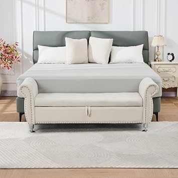 62.2" Soft Velvet Storage Ottoman,Modern Exquisite Bench End of Bed with 1 Pillow,Sturdy Structure Shoe Bench,Elegance Window Sitting with Crystal Buttons for Entryway,Living Room,Bedroom,Beige