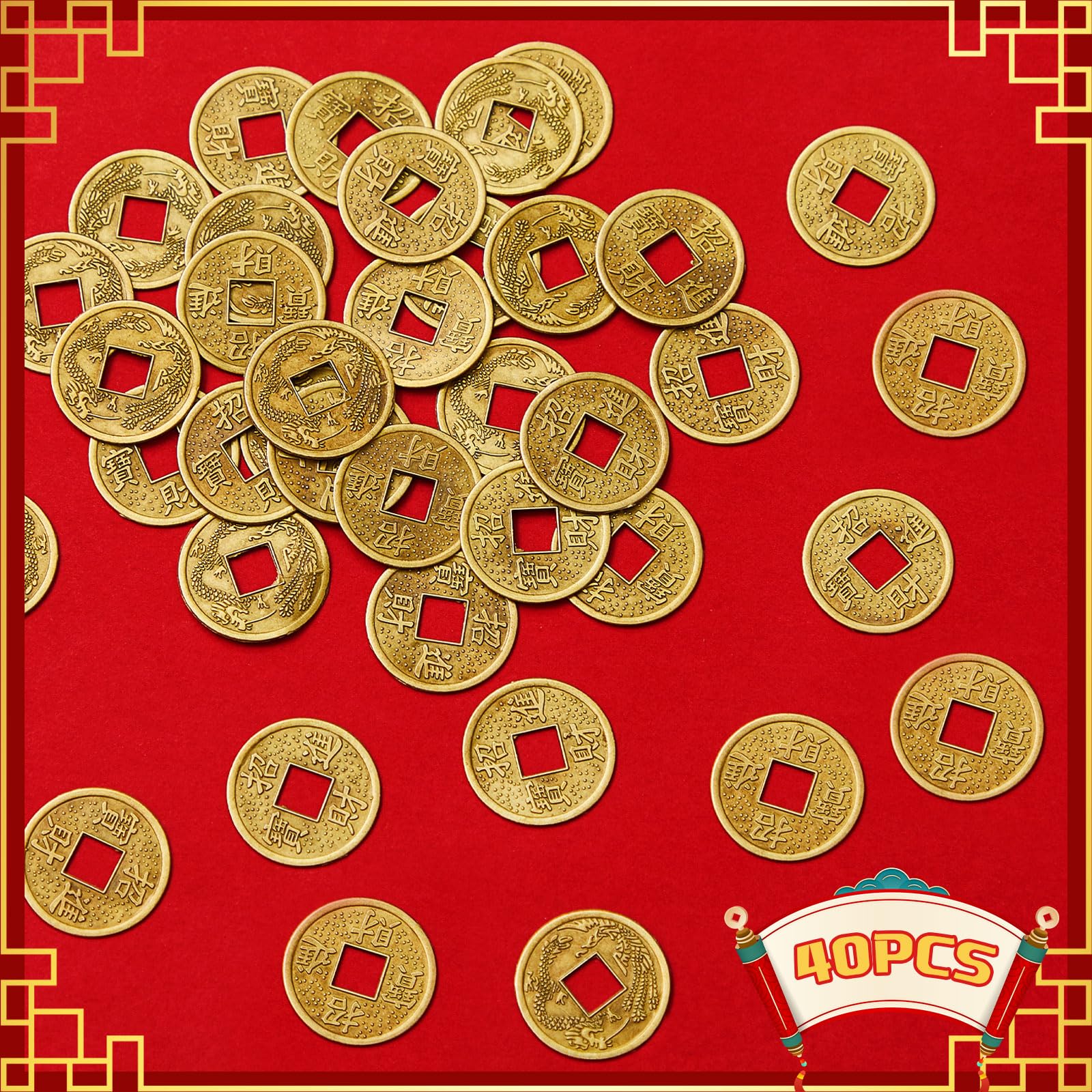 Tenare 36 Sobres de Año Nuevo Chino de Serpiente con 40 Monedas de Fortuna de Feng Shui, Sobres Rojos Chinos Paquete de Hong Bao Monedas Chinas Doradas de Suerte I Ching para Festival de Primavera