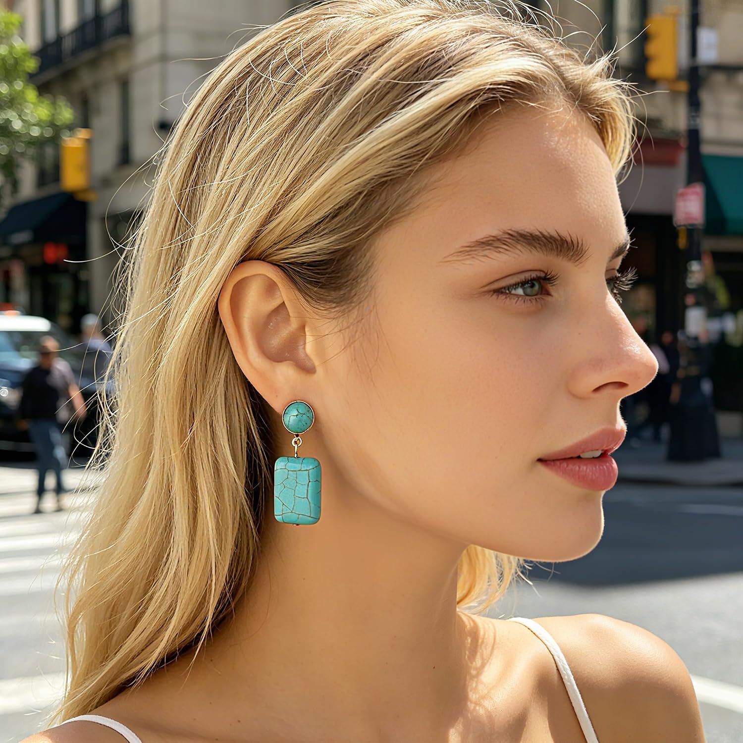 Turquoise Drop Gold Tone Earrings, Daily Wear, Gift for Women