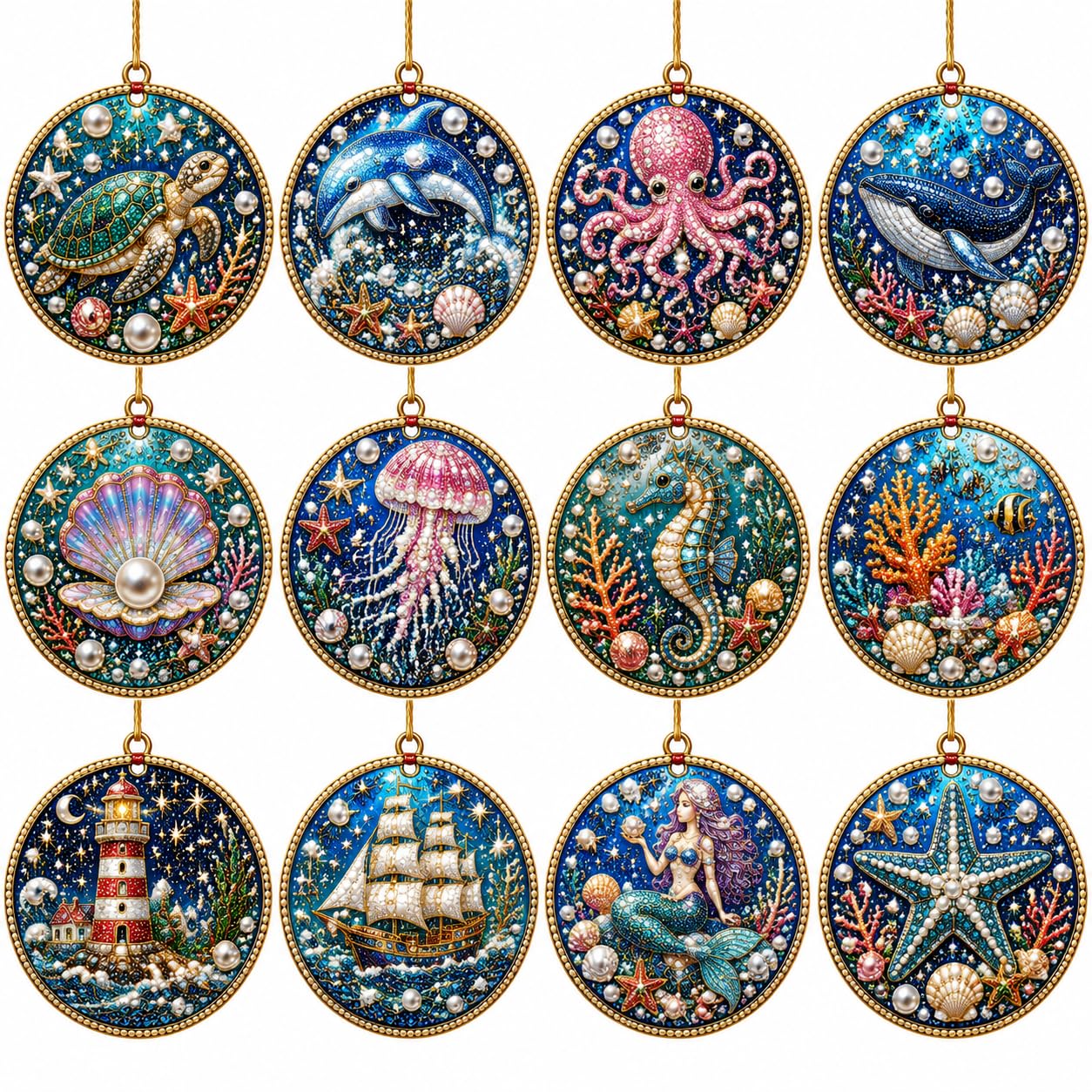 DualBlades 12pcs Diamond Art Christmas Ornaments, DIY Pearl Diamond Art Kits for Adults Hanging Pendant Style Pearl Art Kits for Adults Christmas Decor Craft (Style P)