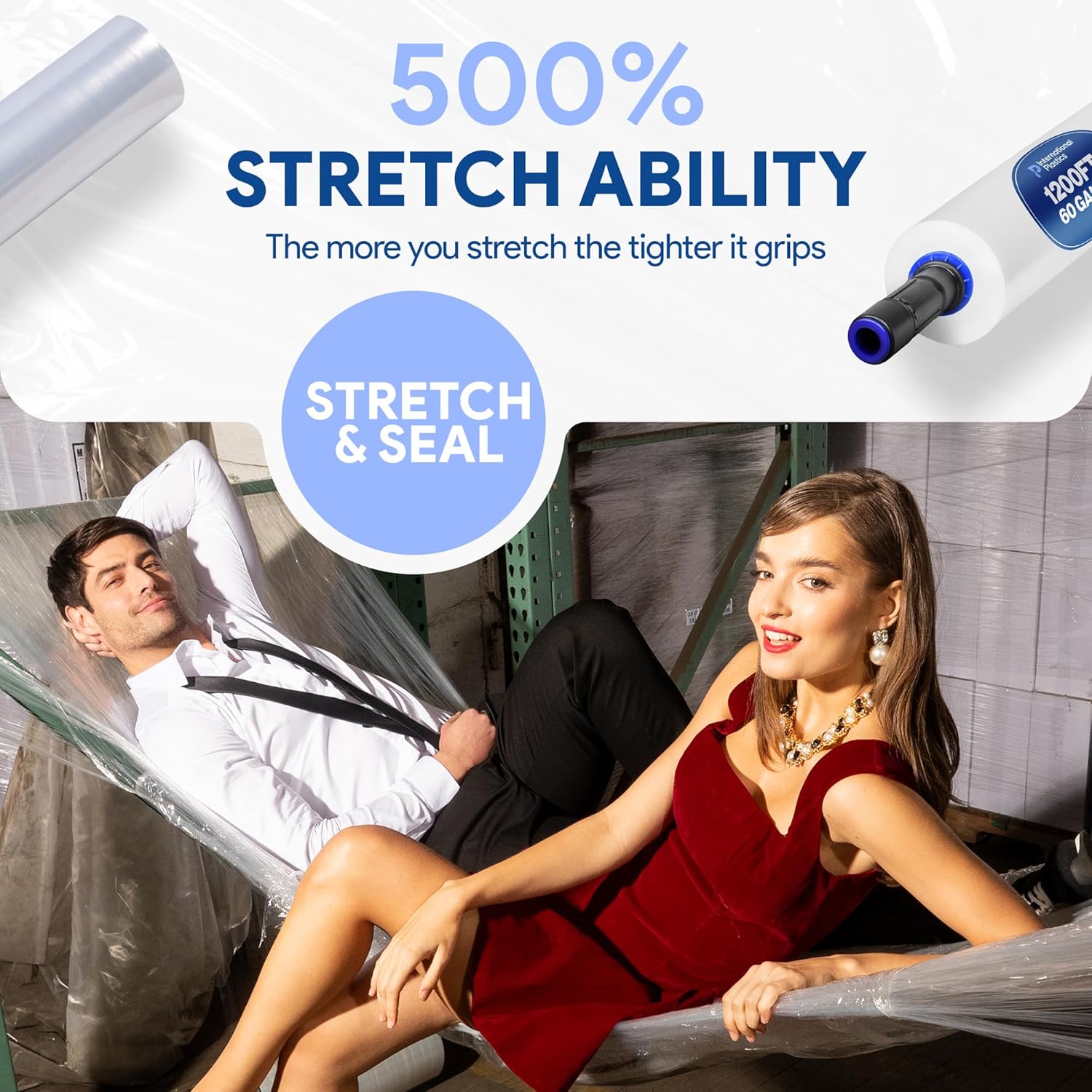 International Plastics Co. 2 Pack 15" Plastic Stretch Film Wrap with Extended Tension Handles 1200ft Each 500% Stretch Clear Cling Durable Adhering Packing Moving Heavy Duty Pallet Shrink