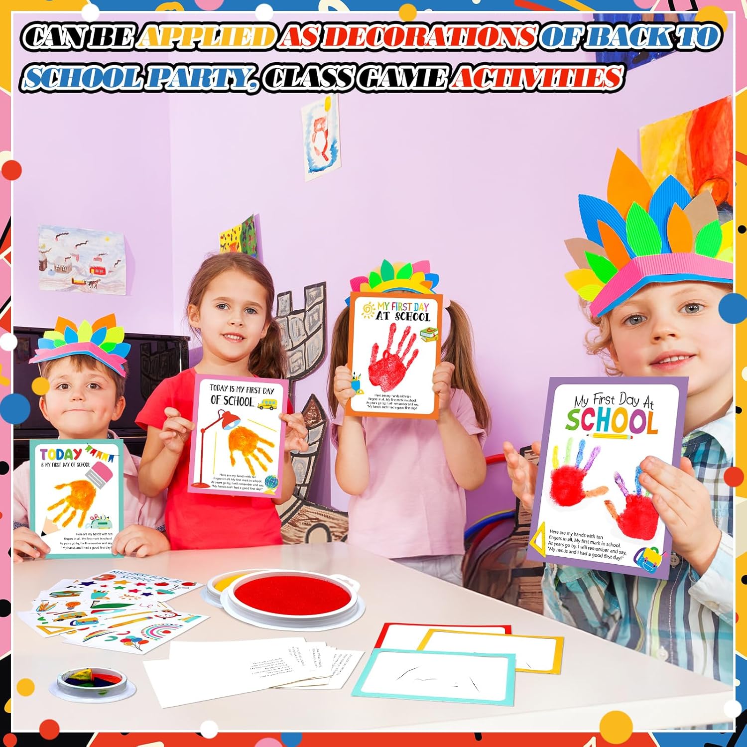 Beeveer 48 Set Back to School Handprint Craft for Kids DIY Handprint Photo Props Classroom Keepsake Cards for Teacher Supplies & Family Activities