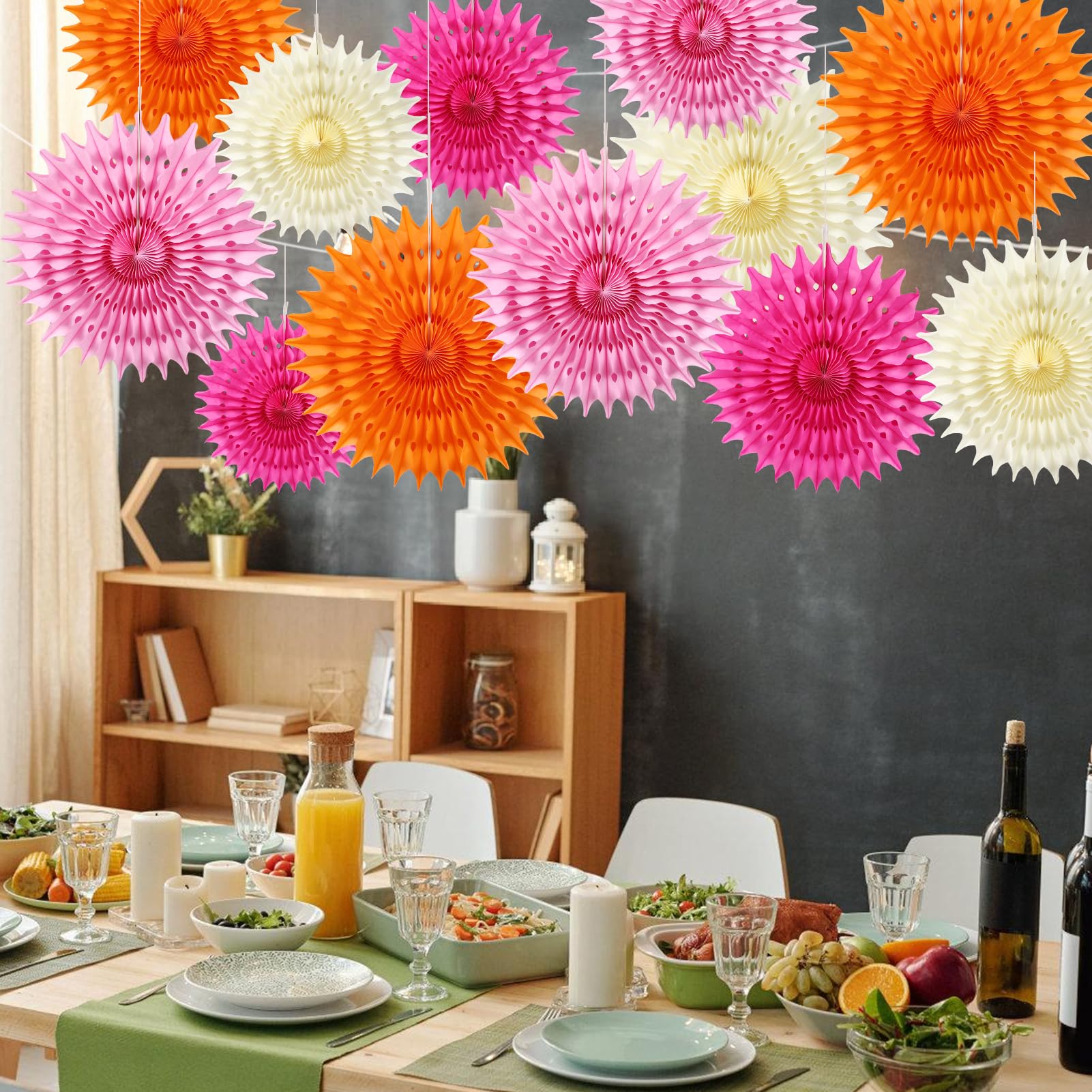BestoFun Lot De 12 éventails En Papier Décoratifs - Couleurs Orange, Pêche, Crème Avec Pompons Et Fleurs - Pour Mariage, Anniversaire, Baby Shower - 3