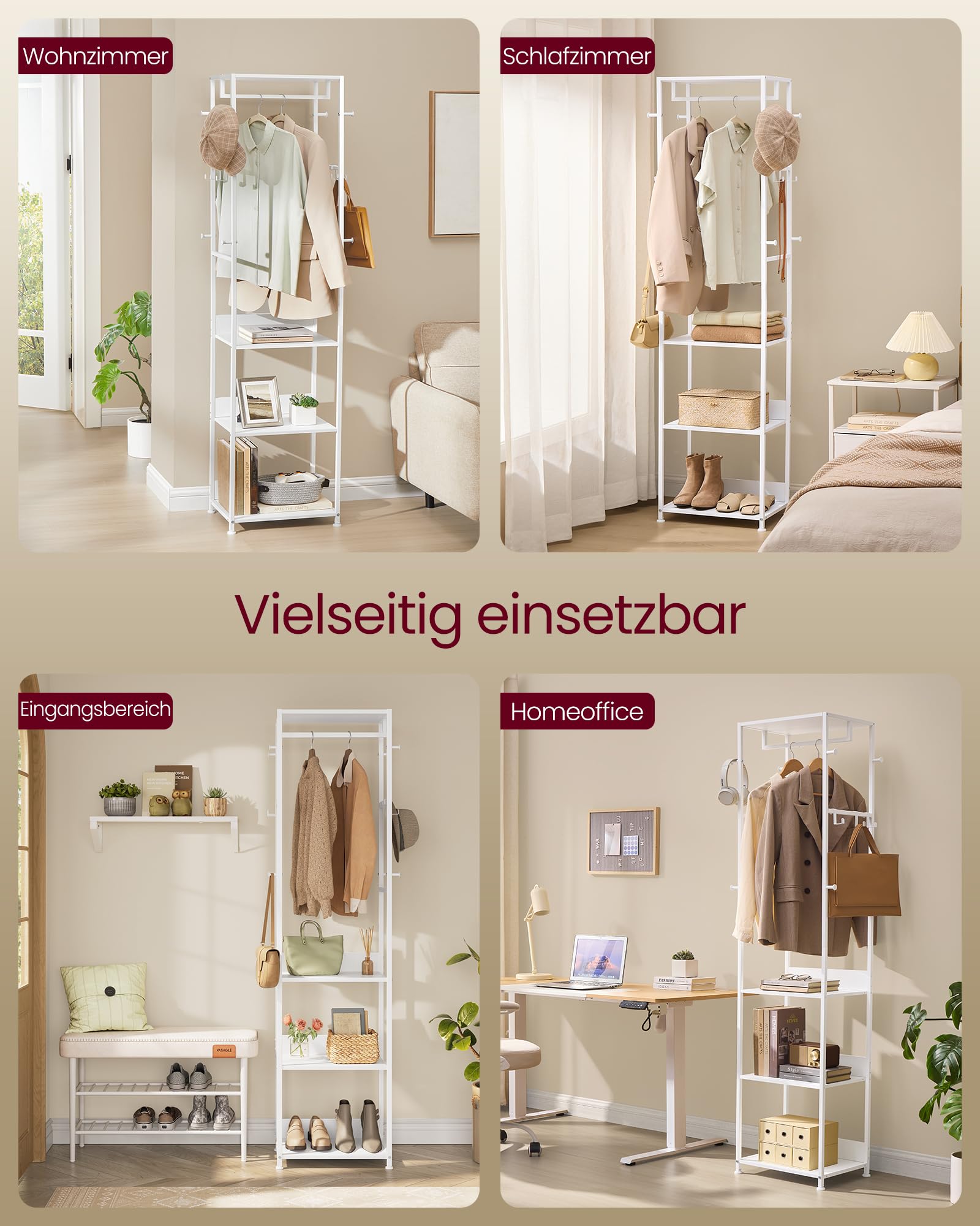 VASAGLE Kleiderständer, Garderobenständer mit Kleiderstange und Haken, Garderobe mit Ablagen, Stahlrahmen, für Kleidung, Taschen, Hüte, wolkenweiß RCR061WC02