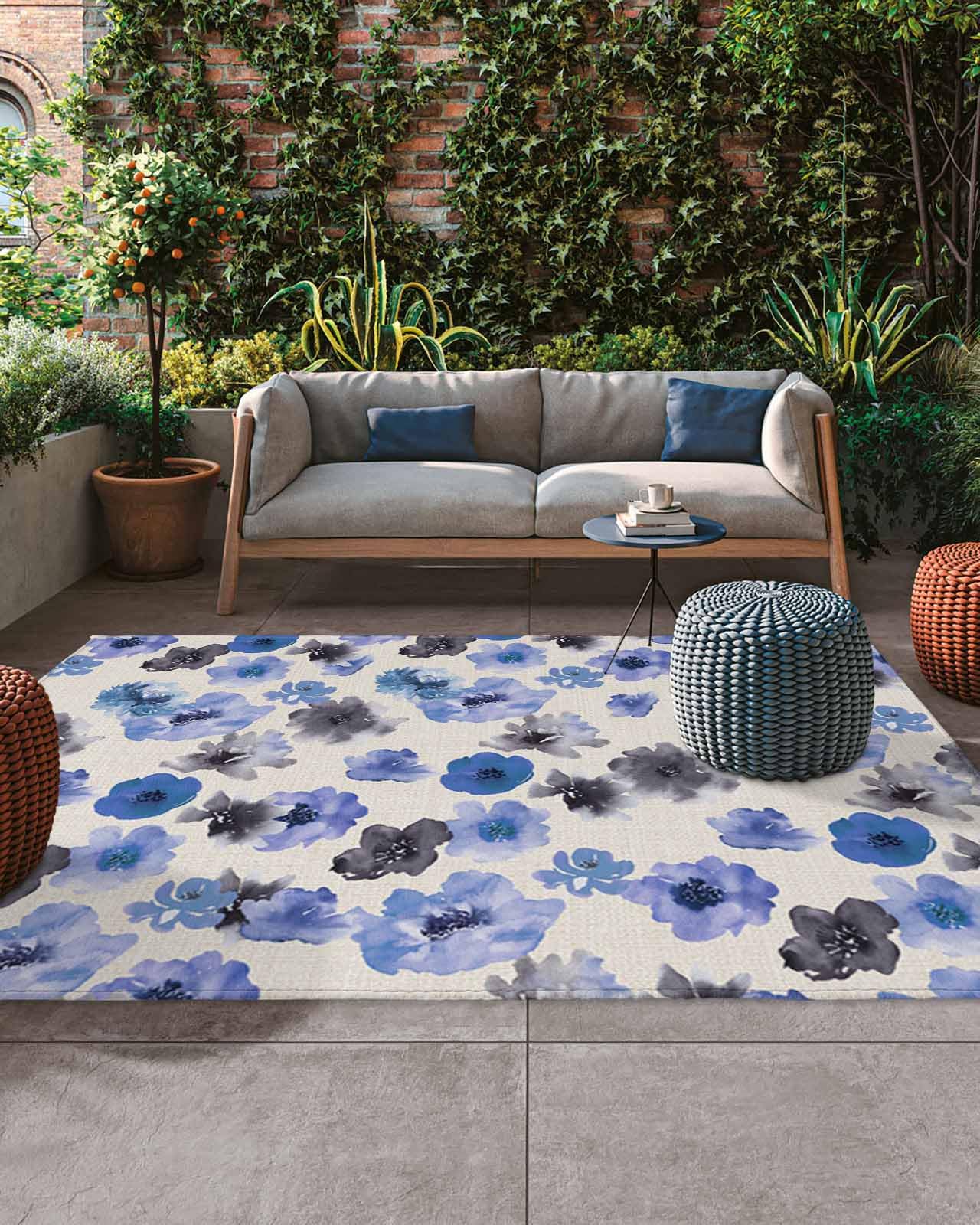 Large Outdoor Rug 6'x9' for Patio Indoor Outdoor Area Rug Watercolor Hand Painted Flowers Blue Black Rugs Outside Patio Rugs Camping Carpet Mat for Spring Picnic